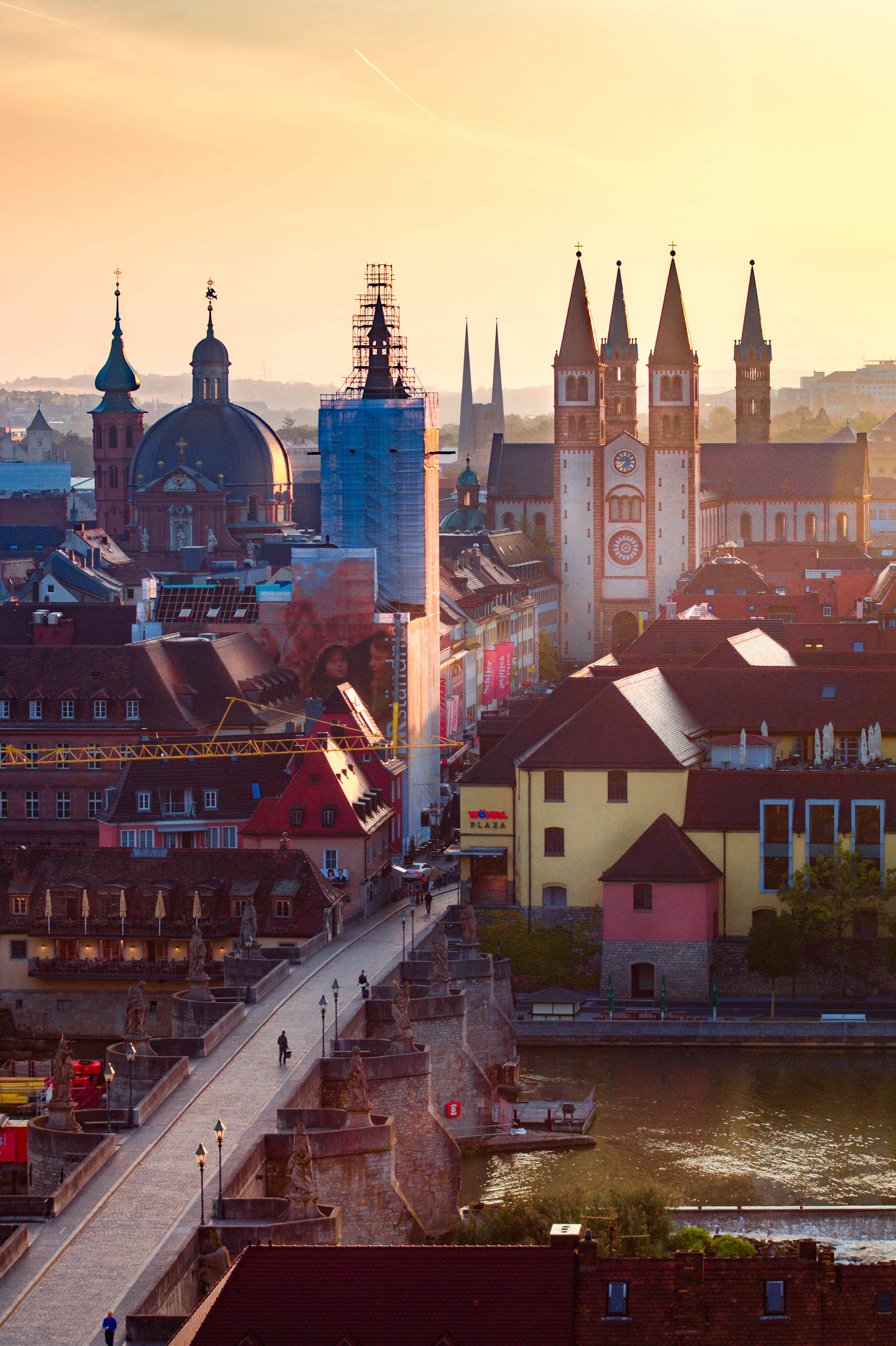 mode of transportation, belief, spire, sky, building exterior, religion, domstrasse, nature, alte mainbrücke, würzburg, bridge, place of worship, spirituality, Phone HD Wallpaper