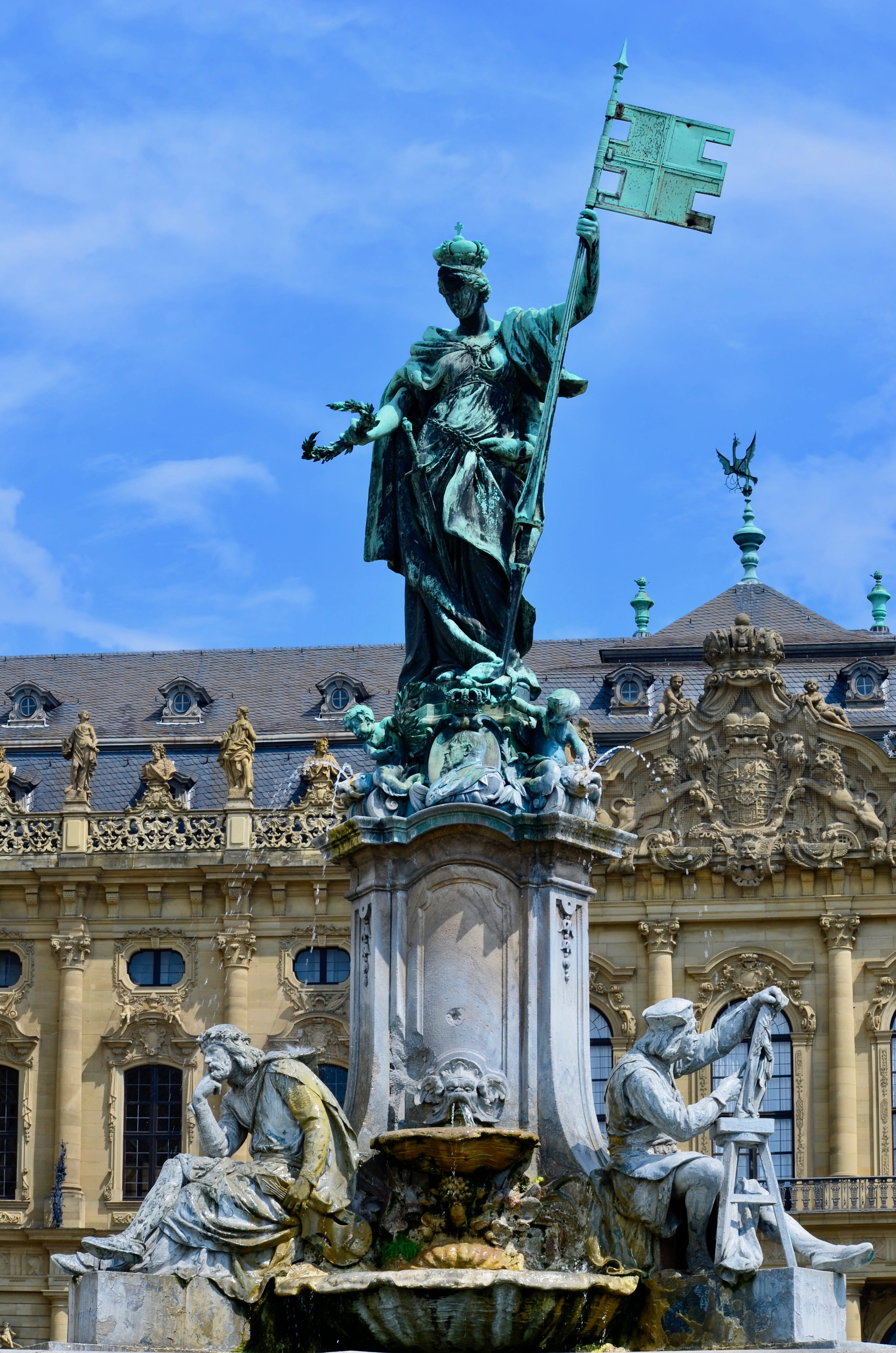 residence, day, low angle view, architecture, cloud - sky, würzburg, built structure, human representation, building exterior, 4K, balthasar neumann, franconia fountain, Phone HD Wallpaper
