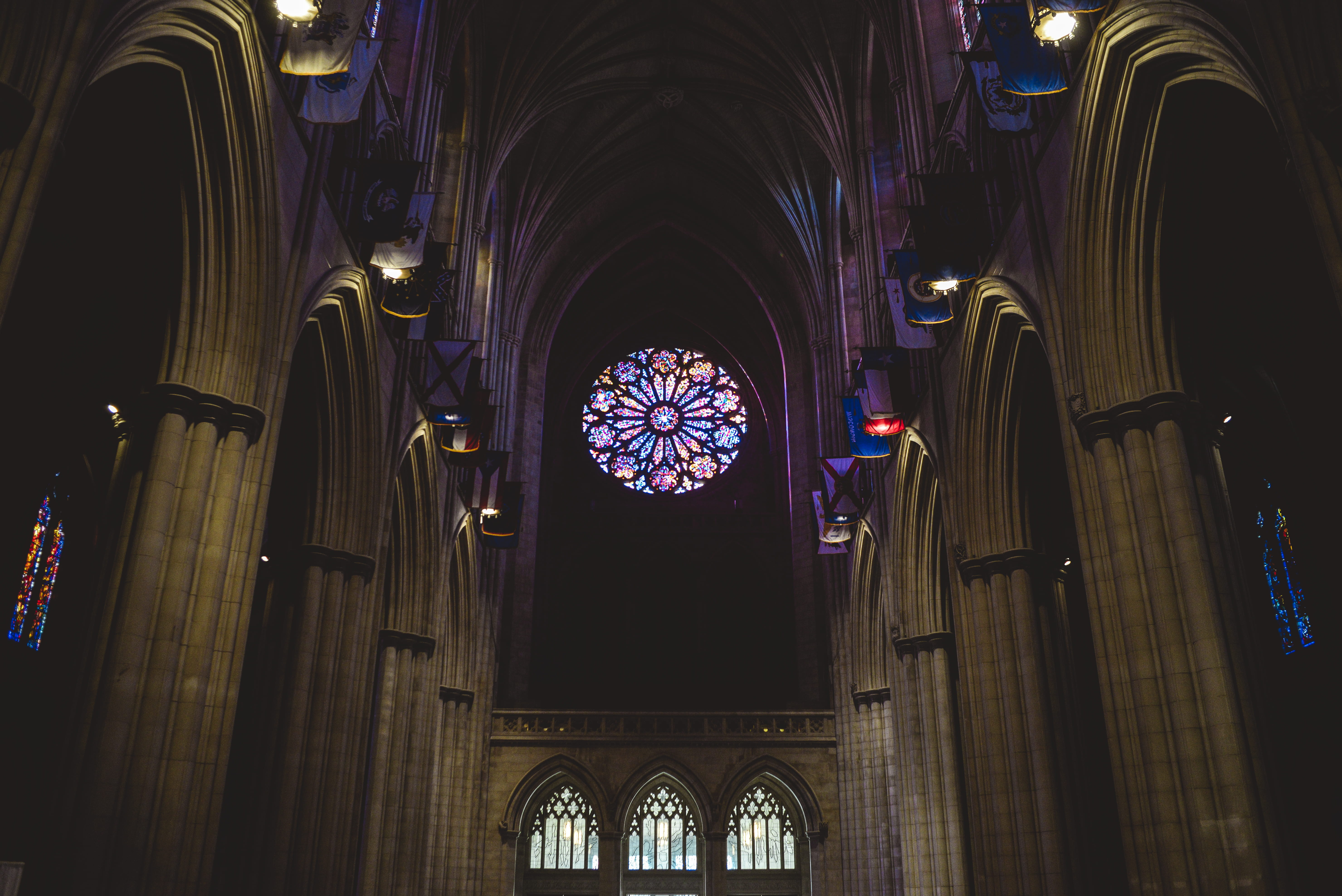 arch, belief, no people, building exterior, ceiling, built structure, god, architecture, architectural column, dark, religious, 5K, basilica of the national shrine of the immaculate conception, HD Wallpaper