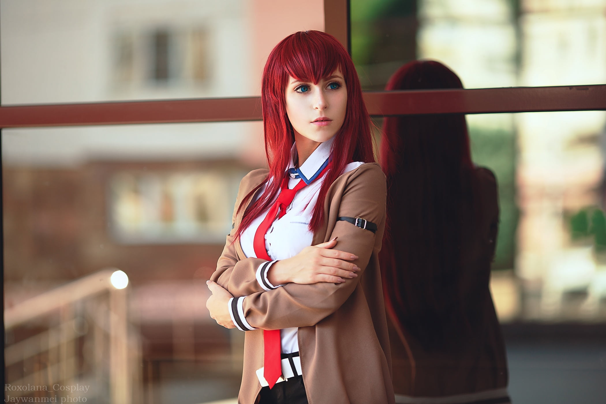 cosplay, portrait, shirt, glass, reflection, Steins;Gate, jacket, outdoors, tie, women outdoors, anime, 1080P, long hair, redhead, Makise Kurisu, blue eyes, HD Wallpaper