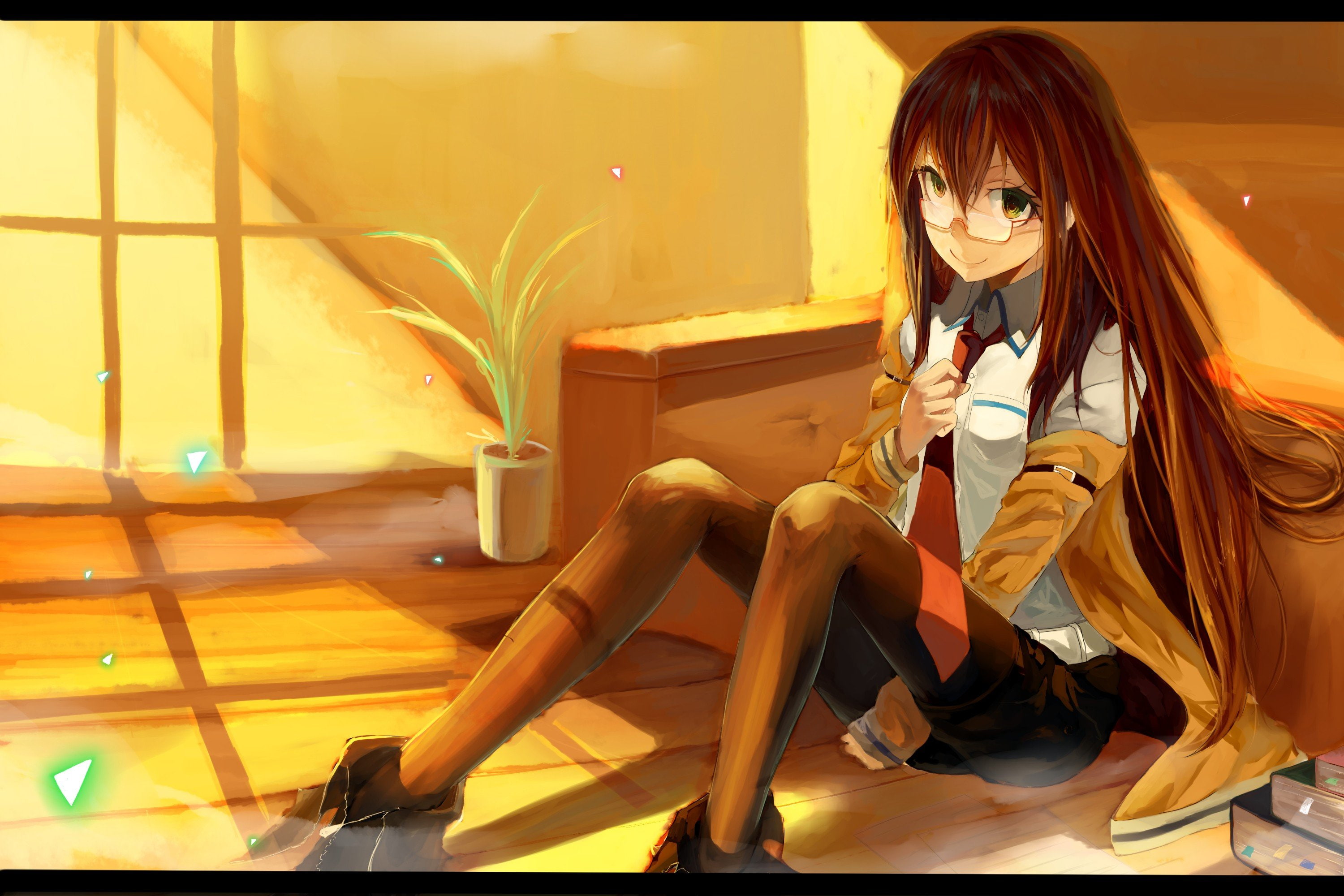 meganekko, girls, makise, anime, tie, hair, steins gate, 2K, long, kurisu, glasses, HD Wallpaper