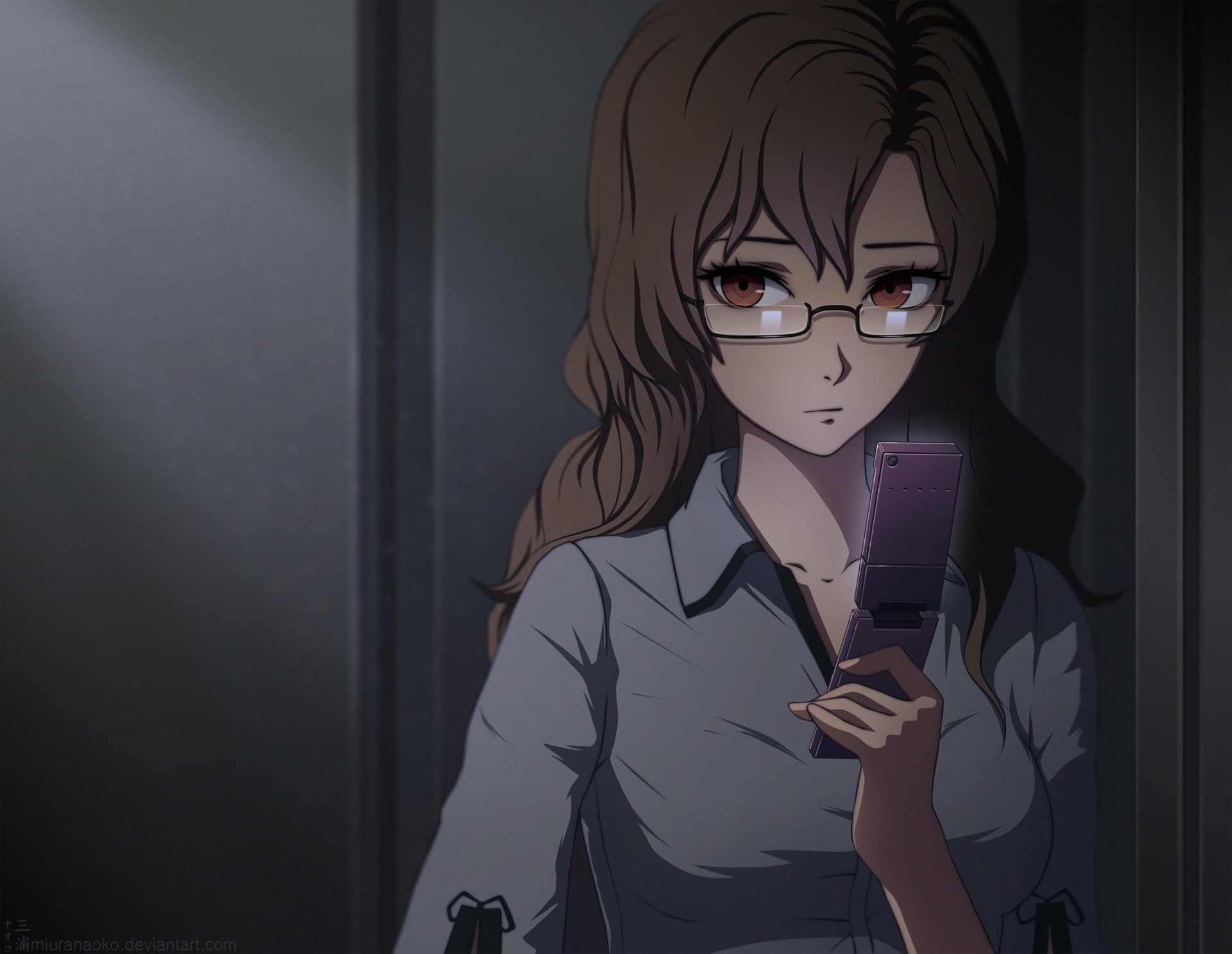 Glasses, Long Hair, Brown Hair, Steins;Gate, Anime, Phone, Brown Eyes, 1080P, Moeka Kiryū, HD Wallpaper