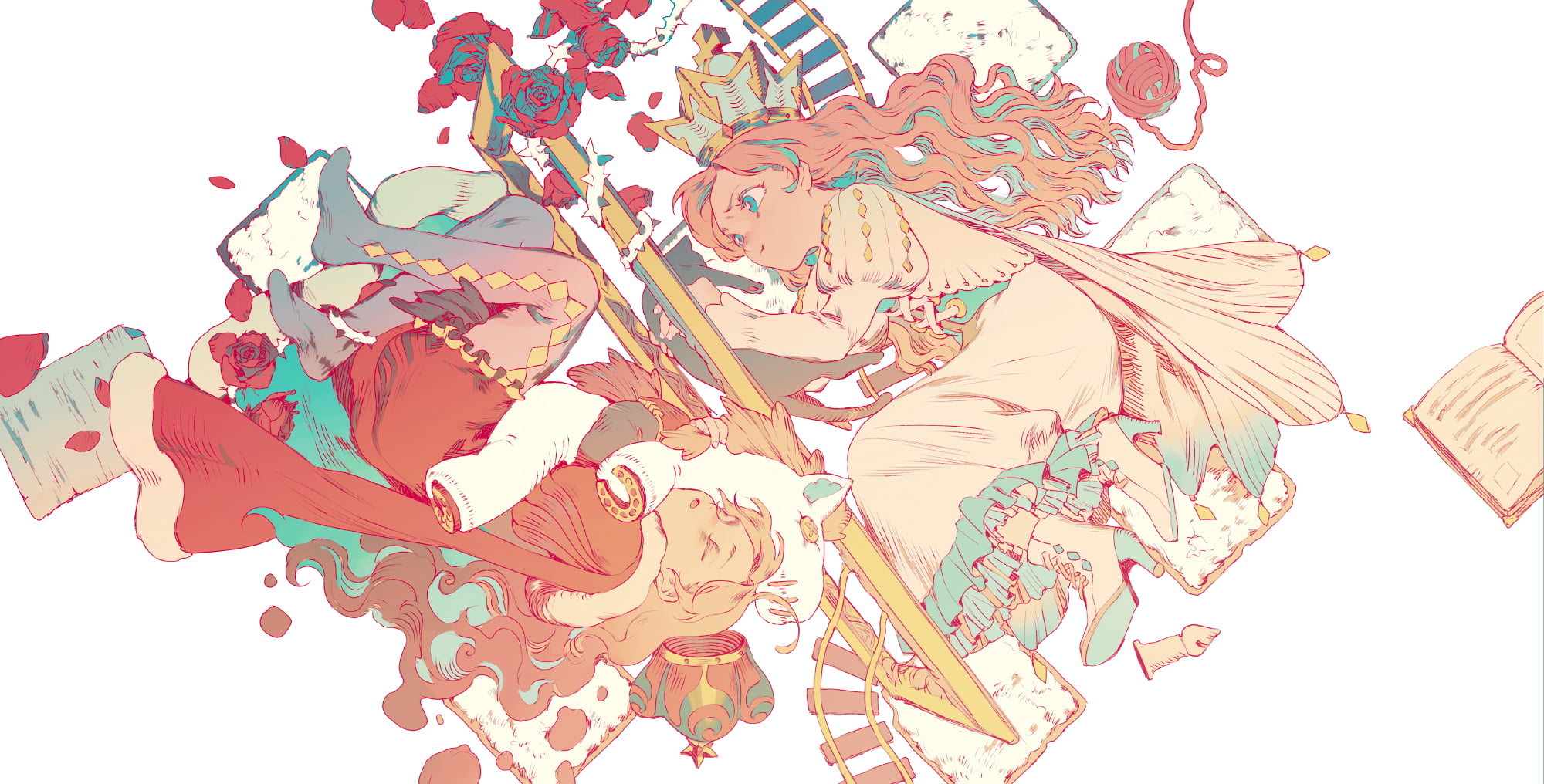 anime girls, thorns, white background, Toy, roses, 1080P, aqua eyes, books, crown, chess, flowers, cats, long hair, anime, petals, HD Wallpaper
