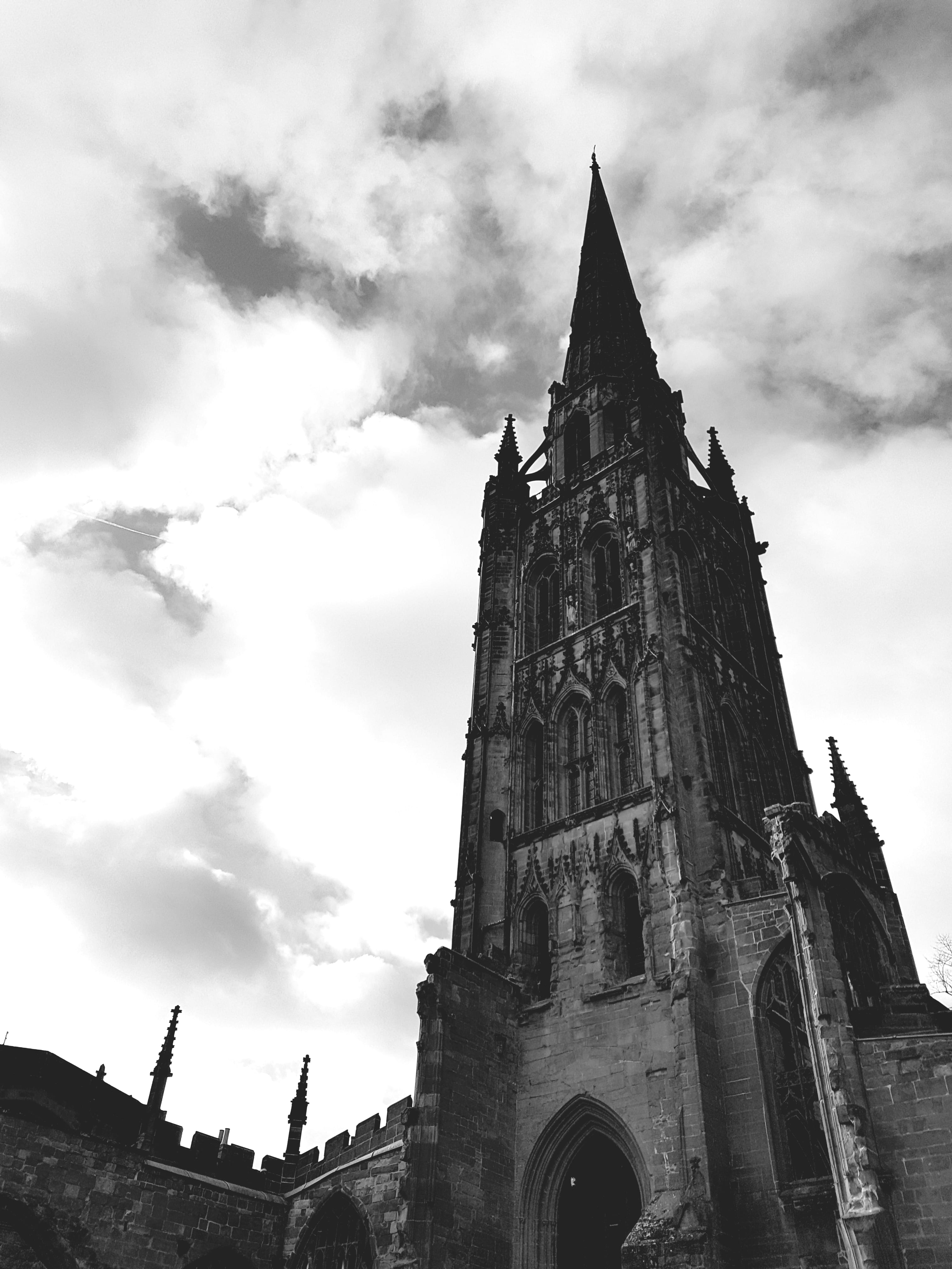 religious, tall - high, sky, concrete, arched window, clock tower, the past, history, building exterior, nature, gothic, photo, greyscale, no people, place of worship, Phone HD Wallpaper