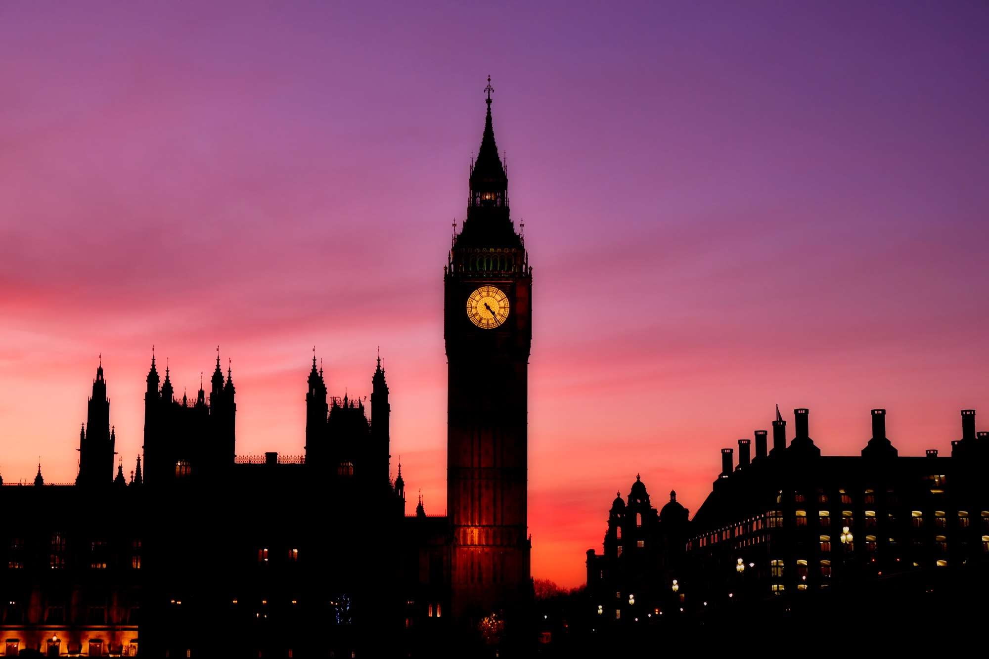 dusk, clock, building, goth like, cityscape, england, tower, attractions, downtown, sky, histo, urban skyline, evening, sunset, famous, administration, HD Wallpaper