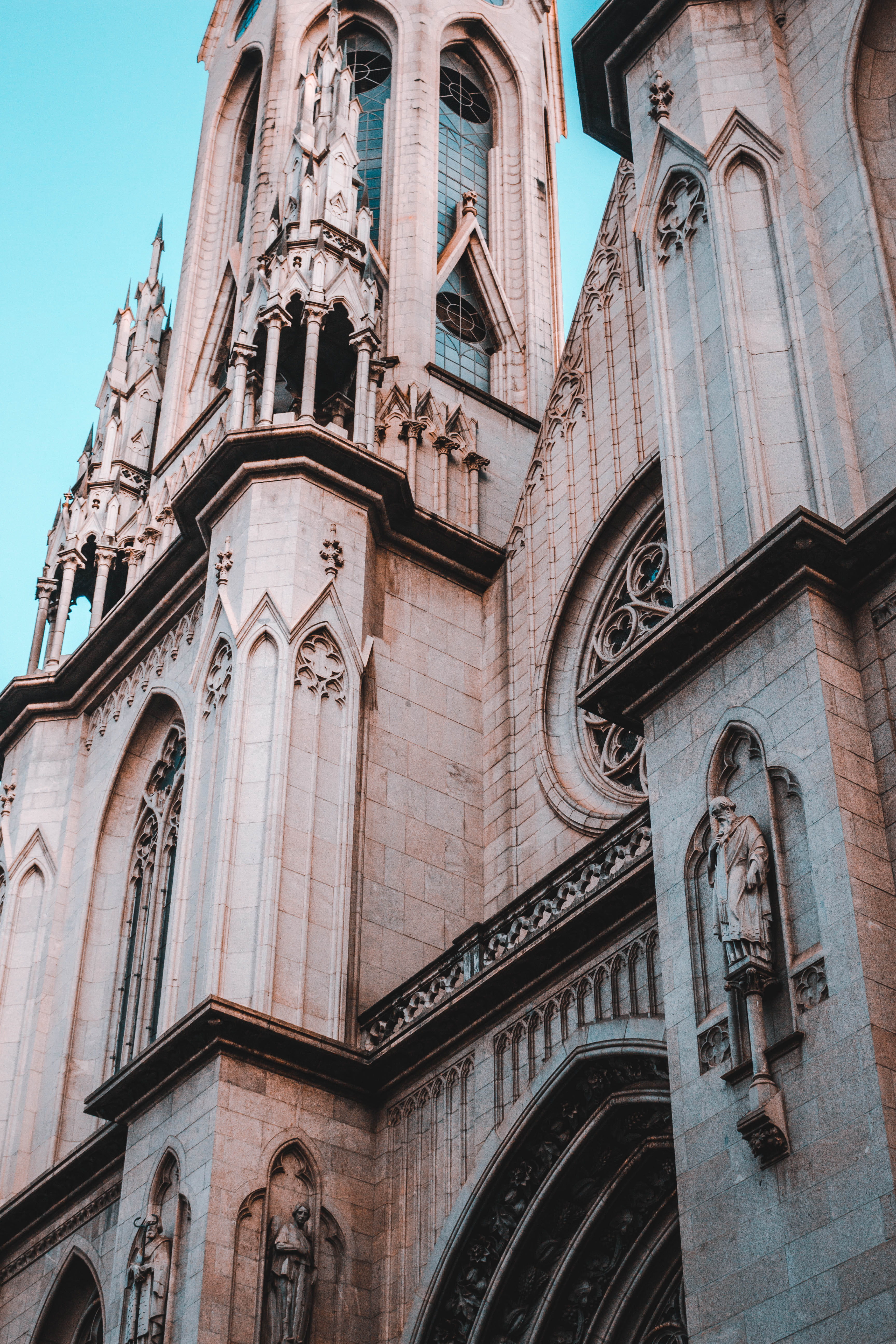 low angle view, ornate, architecture, exterior, sculpture, tower, concrete, brown, day, historical, outdoors, church, place of worship, religion, history, Phone HD Wallpaper