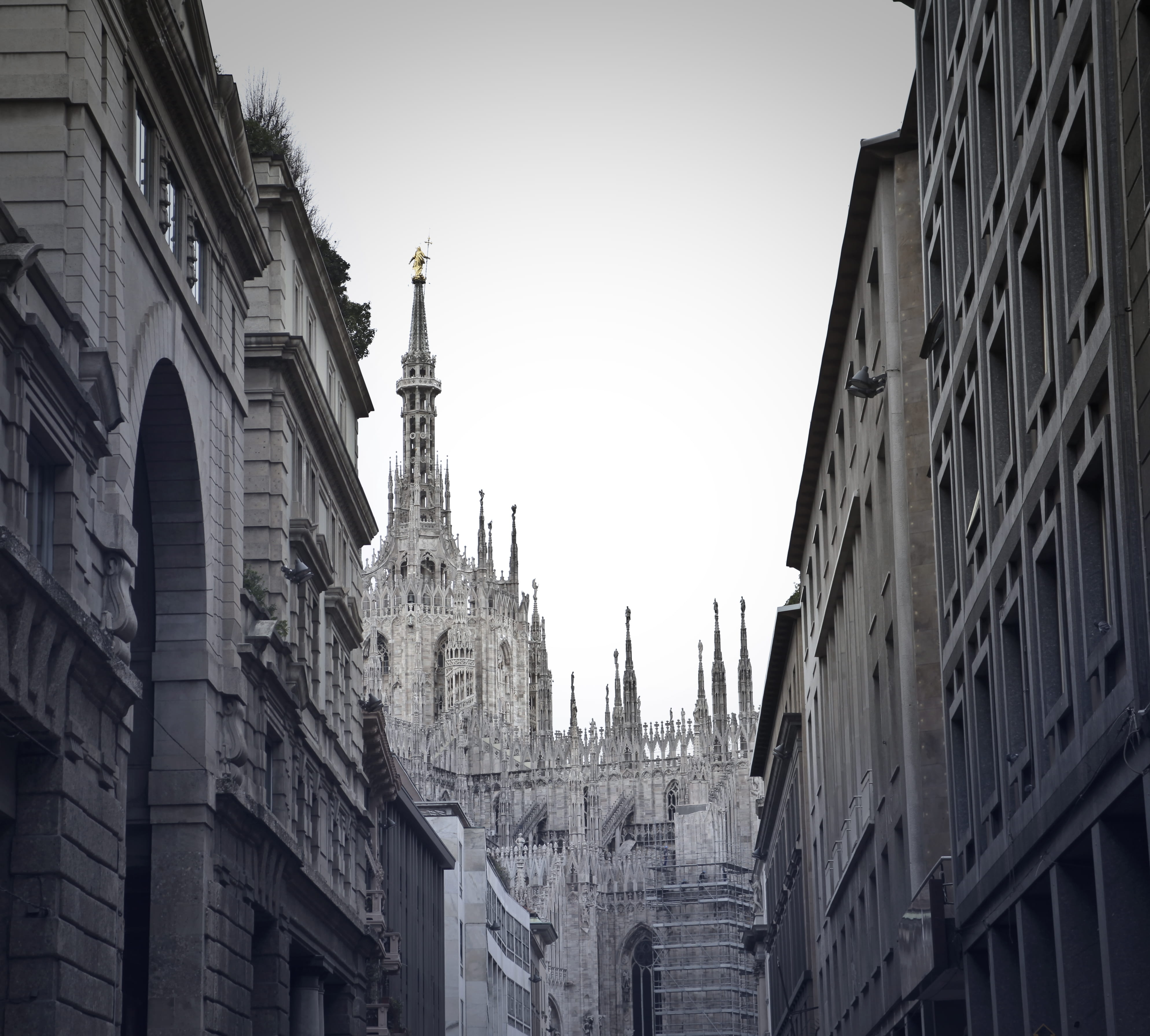 4K, low angle view, ancient, no people, tower, tourism, urban, goth like, clear sky, spirituality, built structure, church, grayscale, place of worship, HD Wallpaper