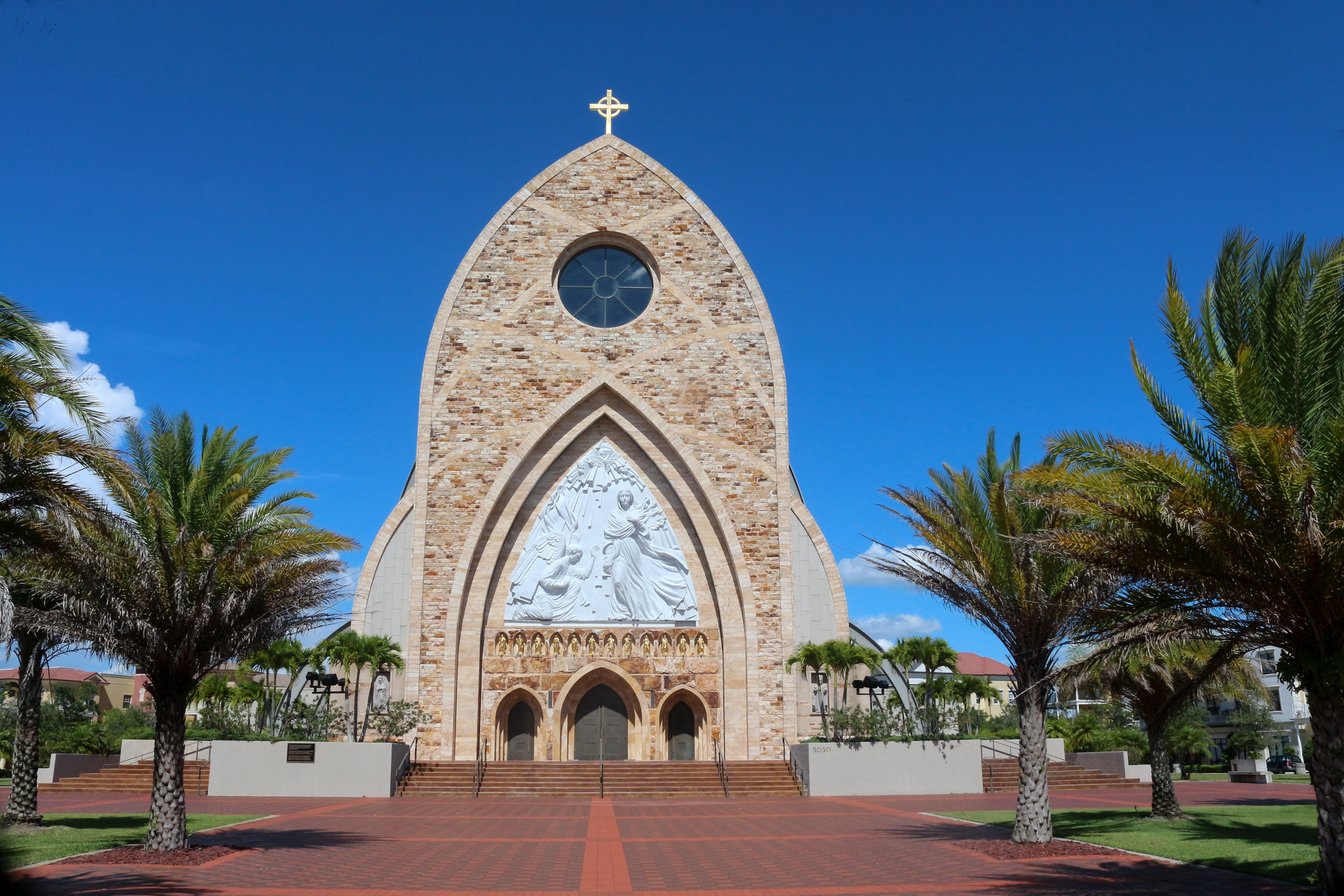 sky, cathedral, south florida, spirituality, outdoors, catholicism, landmark, plant, christianity, florida, palm tree, saint, architecture, catholic, heaven, HD Wallpaper