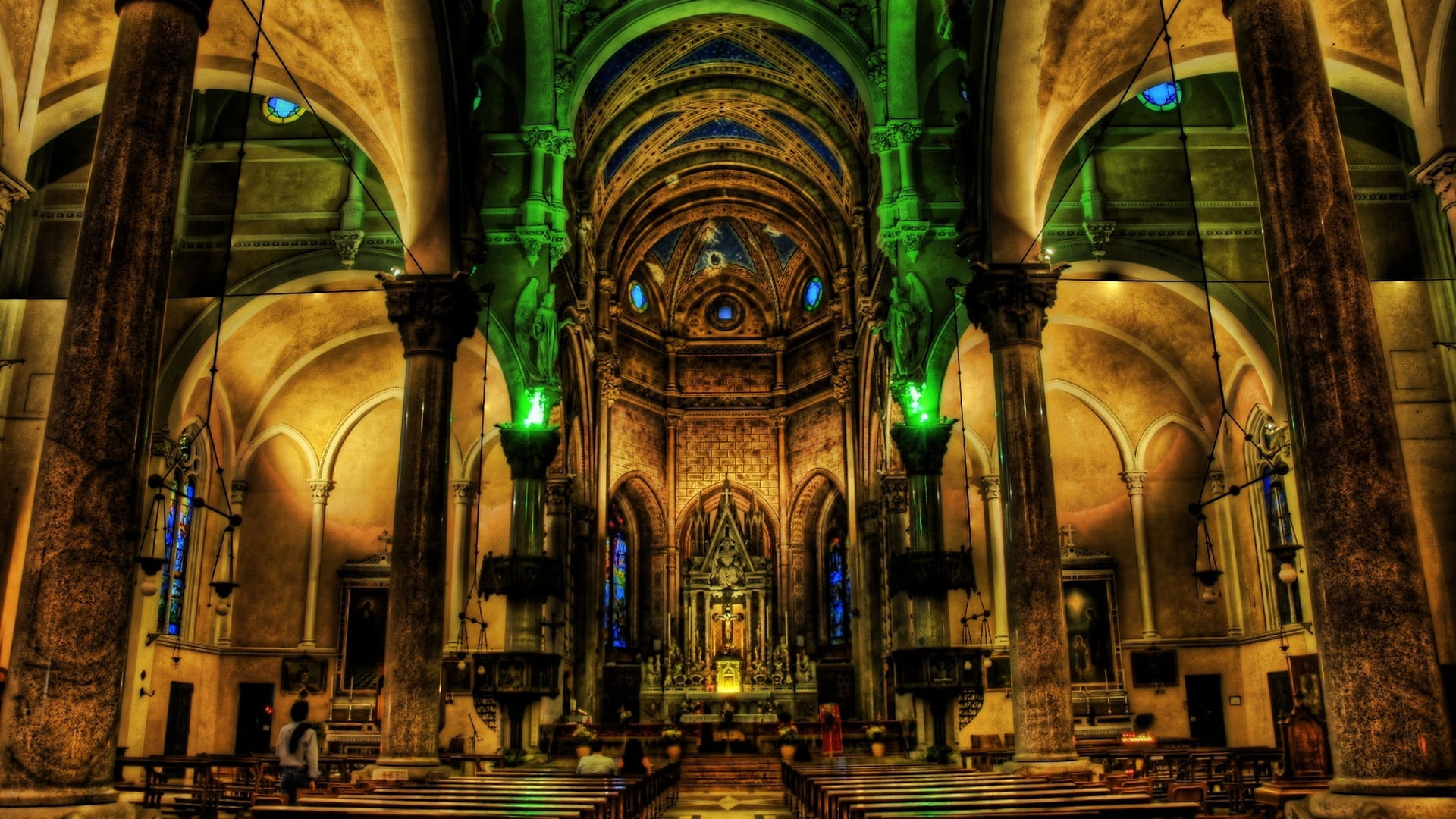 art, illuminated, the past, architecture and art, 1080P, travel, ancient, dark, nave, cathedral, pew, chapel, church, color Image, architecture, architectural column, HD Wallpaper