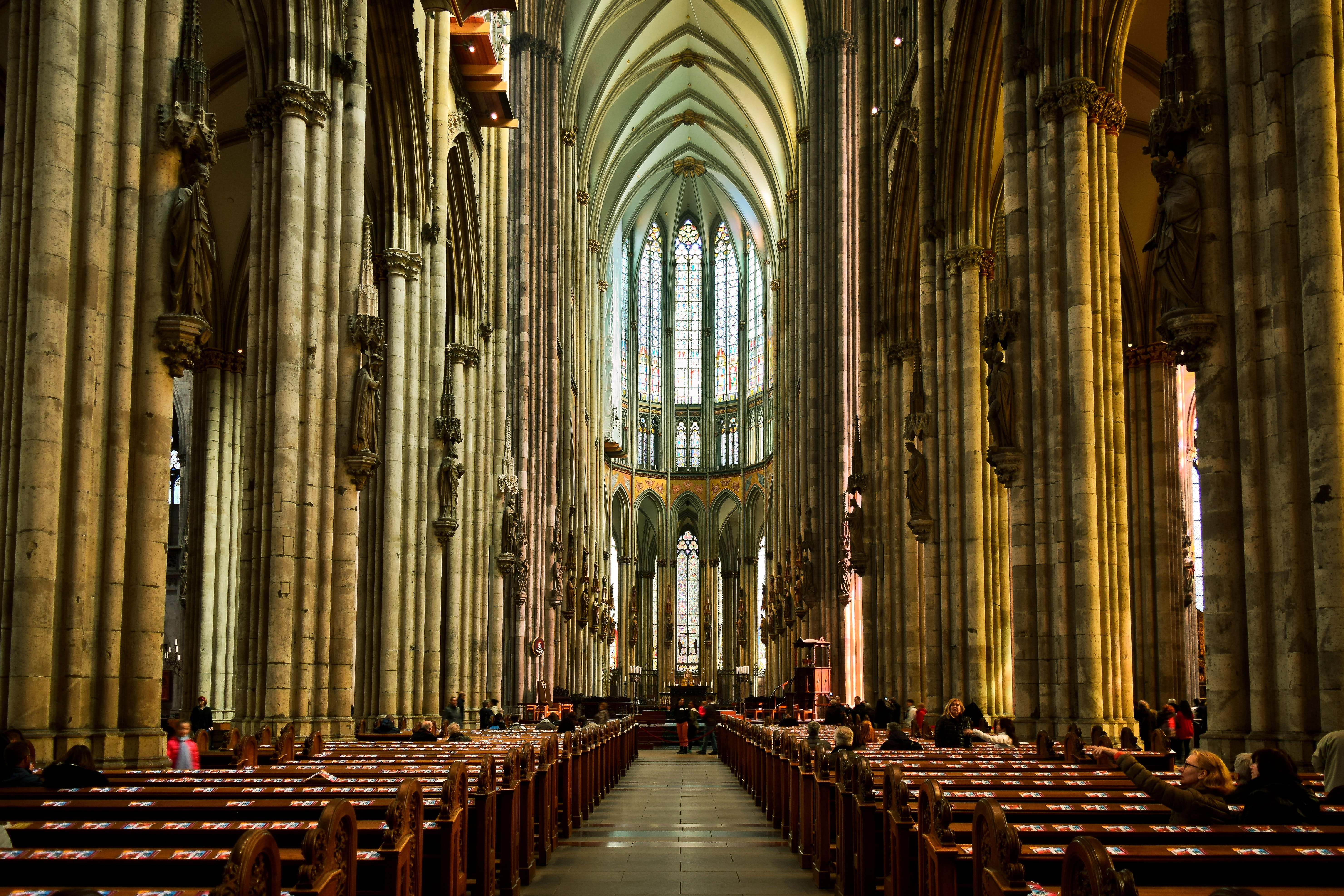 in a row, church, ceiling, day, faith, altar, indoors, dom, holy, architectural column, places of interest, historically, arches, colonnade, cologne, chapel, HD Wallpaper