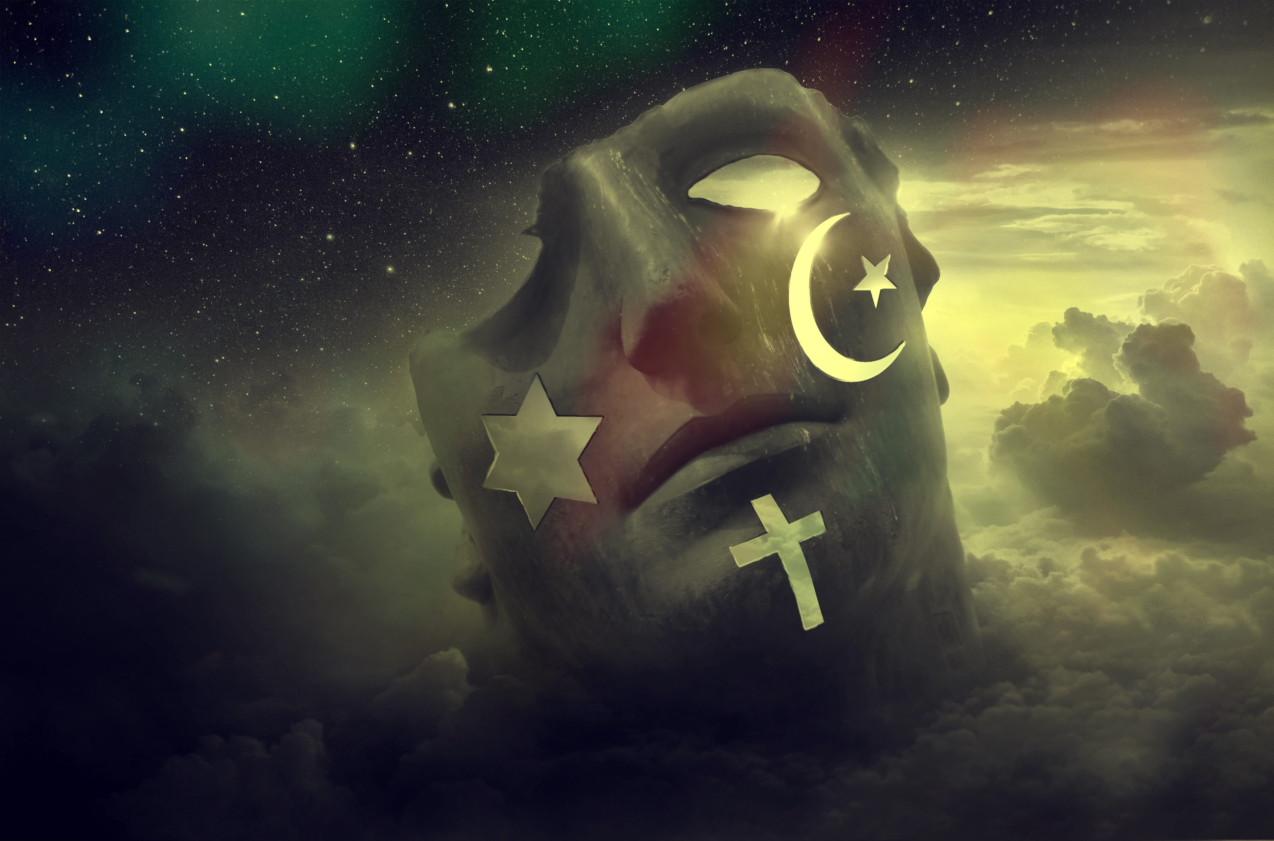 outdoors, adult, digital composite, cloud - sky, contemplation, fear, astro, sky, christianity, 4K, depression - sadness, human face, religions, people, HD Wallpaper
