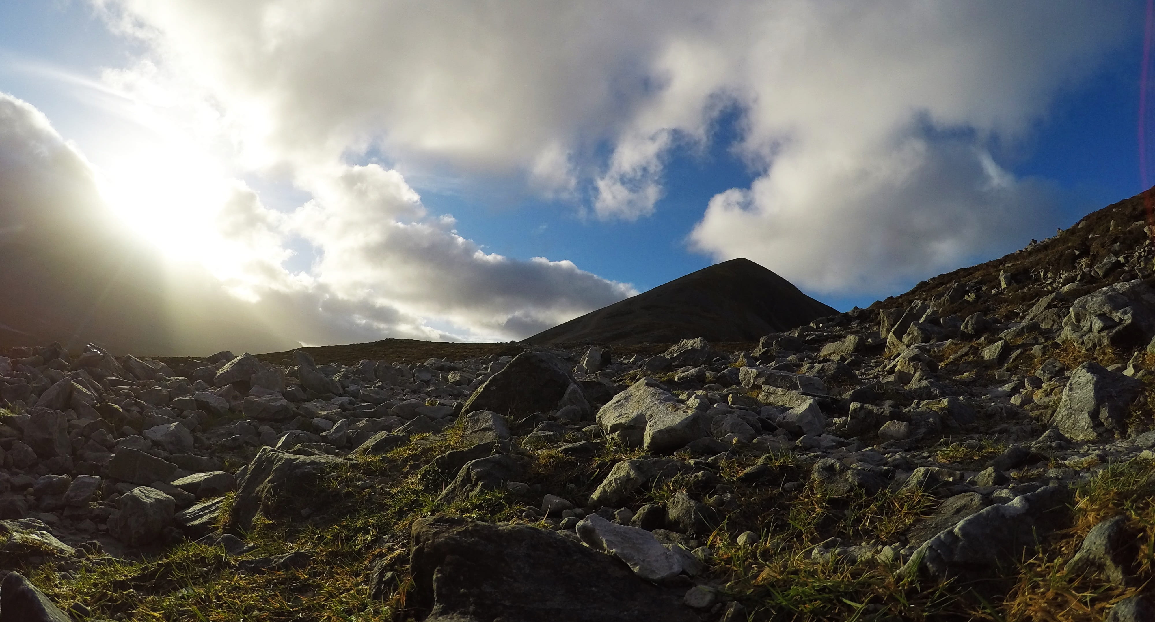 rock, day, lens flare, cloud - sky, tranquility, mountains, rocks, mountain range, sunlight, the path, idyllic, outdoors, non-urban scene, 4K, landscape, HD Wallpaper
