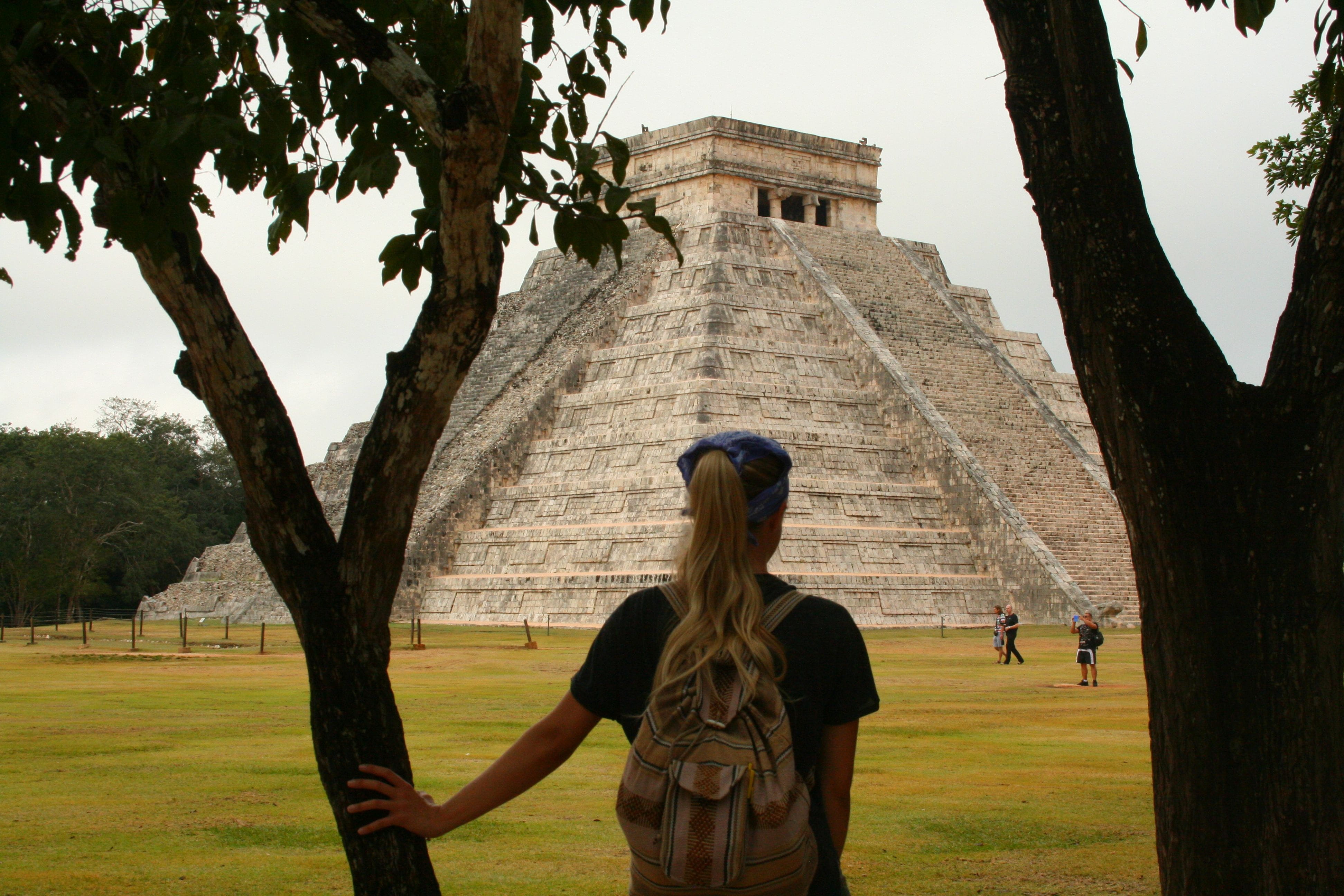 significantly, day, rear view, ancient civilization, view, one person, backpack, outdoors, plant, mayan culture, built structure, real people, vacations, HD Wallpaper