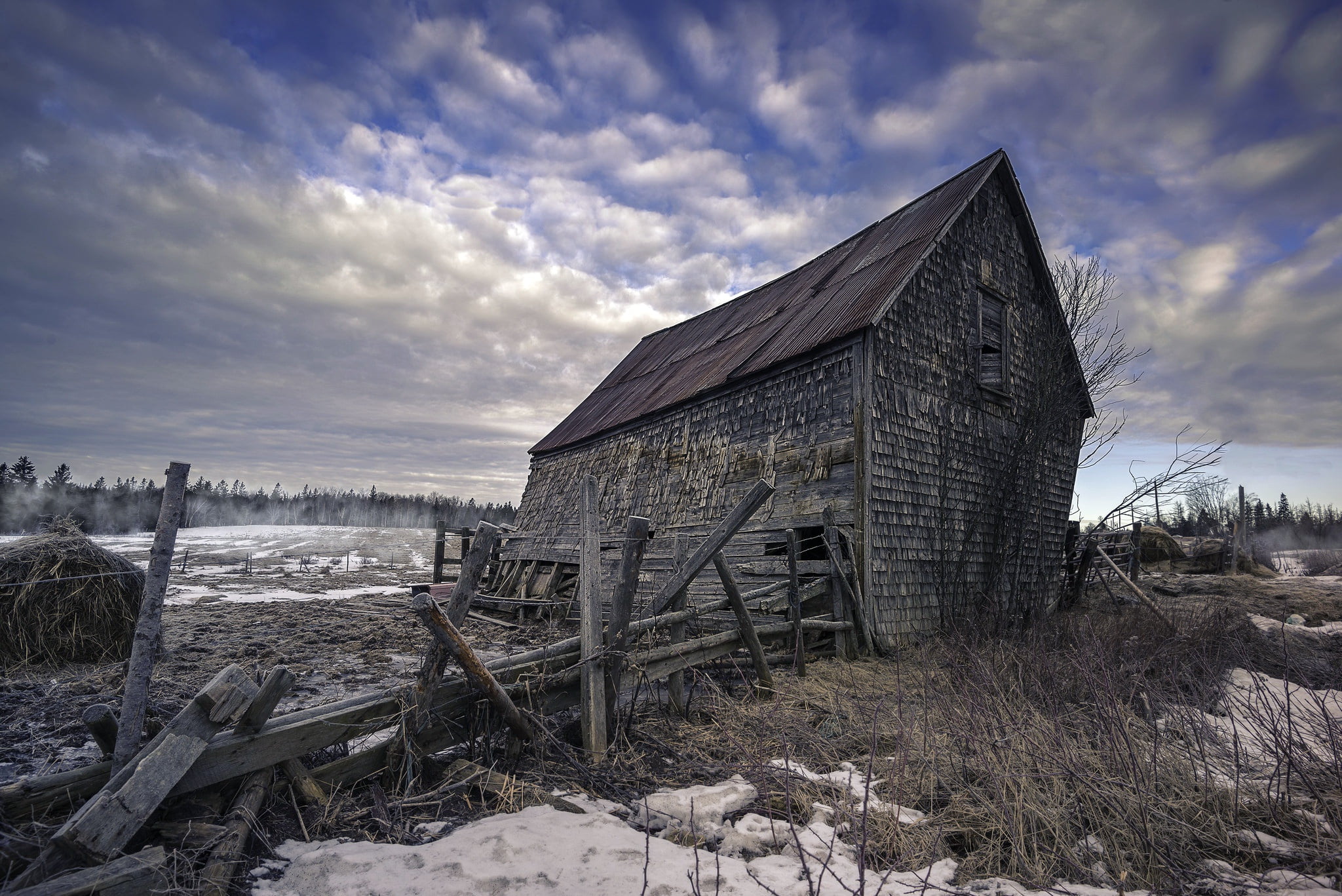 bad condition, blue, no people, field, barn, cloud - sky, old, sky, land, obsolete, 1080P, wood - material, building exterior, nature, outdoors, abandoned, HD Wallpaper