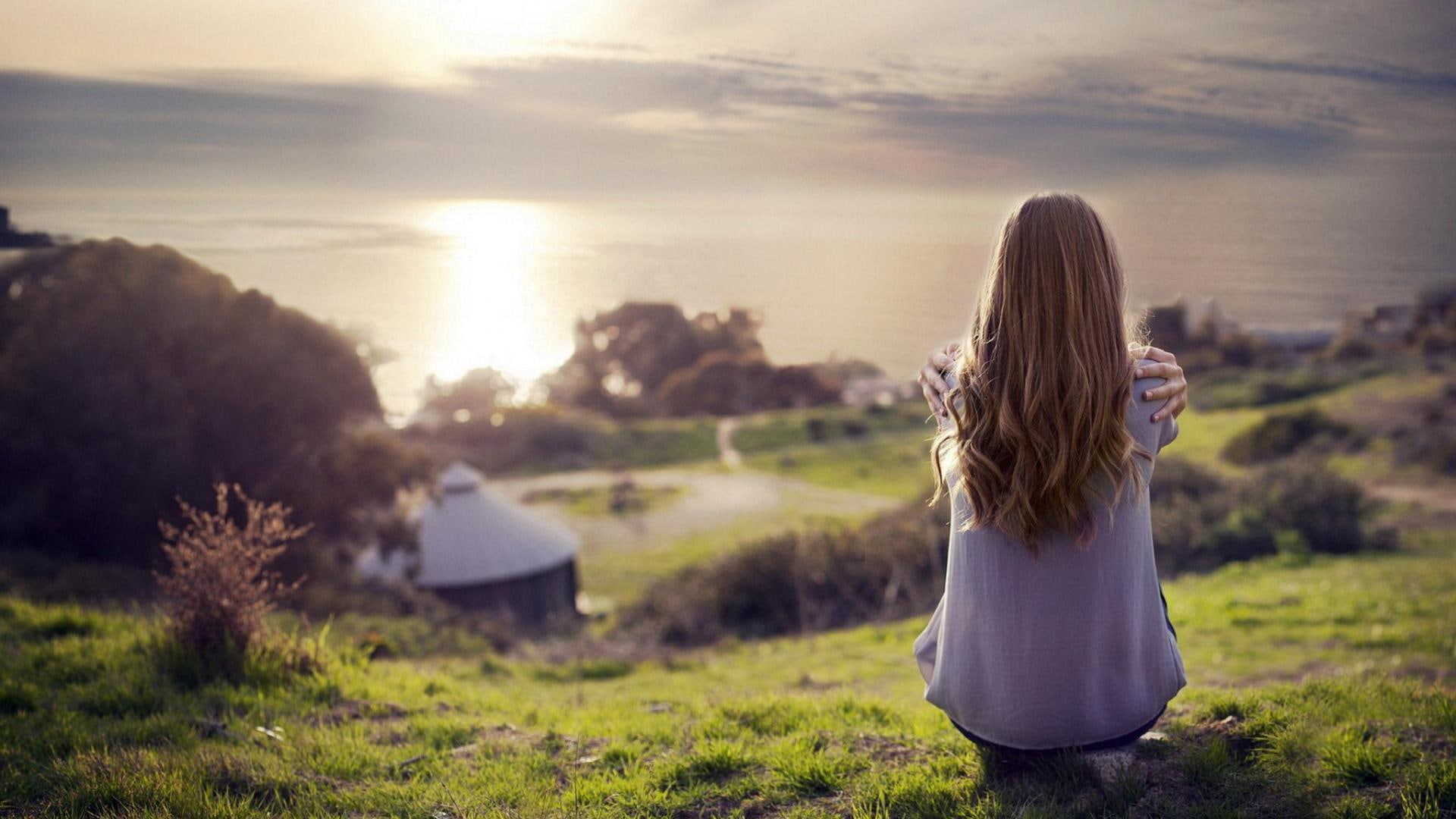 sitting, beauty, watching, 1080P, hill, distant, scenery, HD Wallpaper