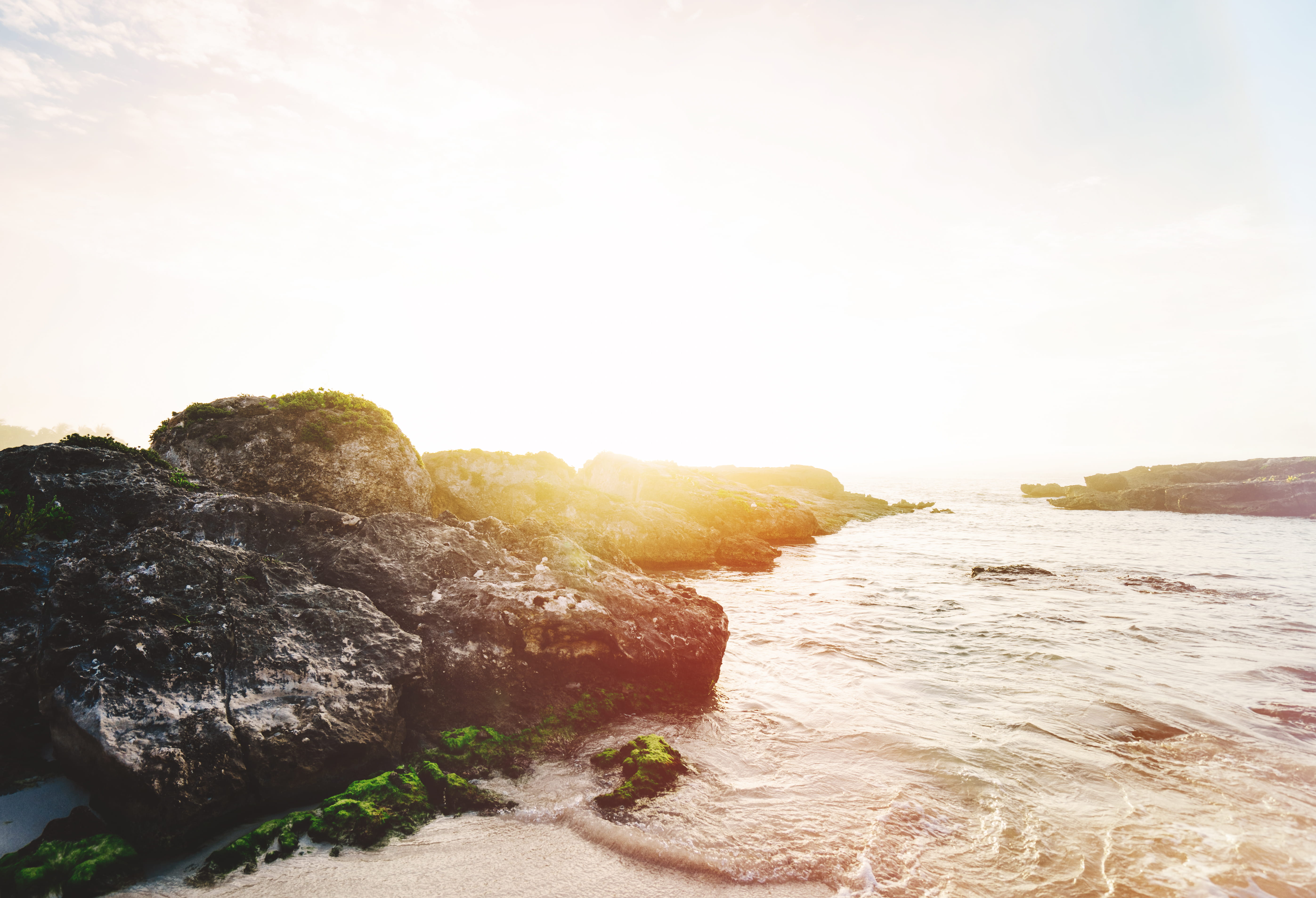 sunlight, sun, no people, tranquility, beauty in nature, beach, tranquil scene, rock - object, shoreline, adventure, sea, mexico, flare, sunrise, land, HD Wallpaper
