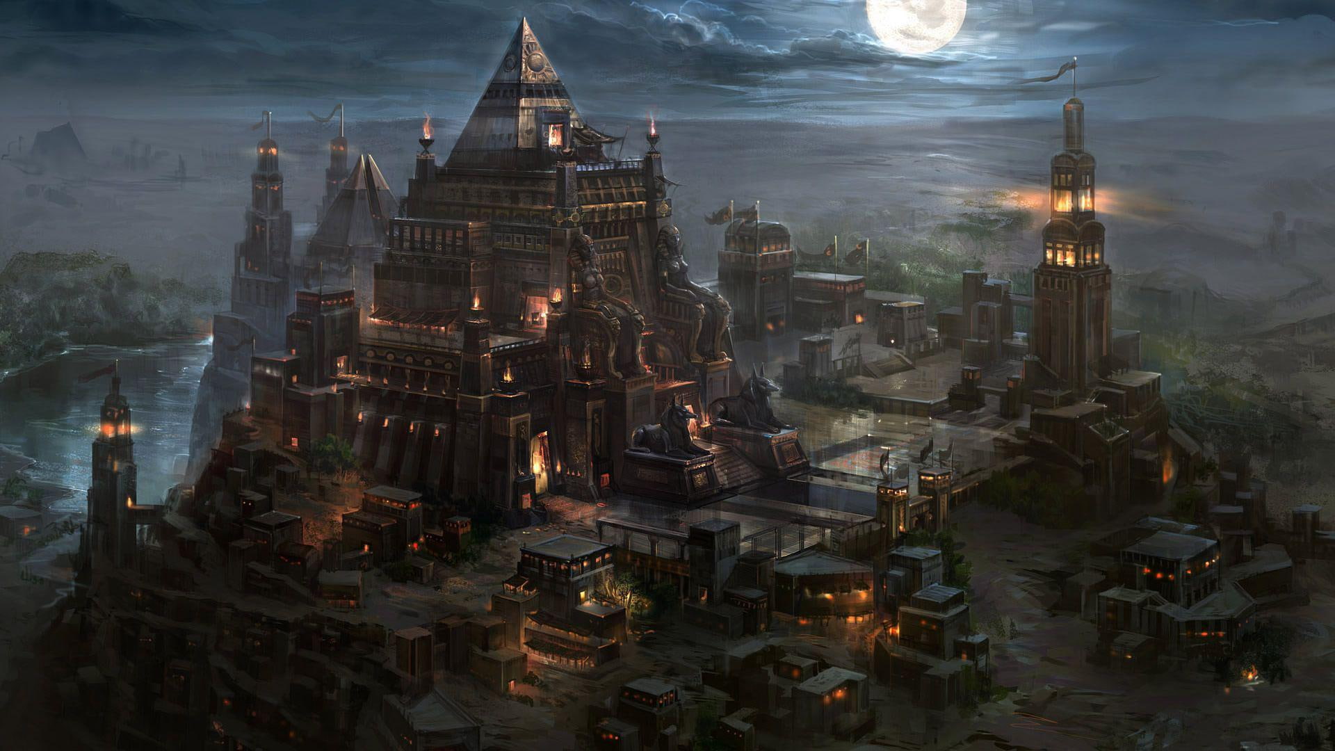 statue, temple, light, cloud, 1920x1080, rise, building, high, fantasy, night, 1080P, moon, lights, HD Wallpaper