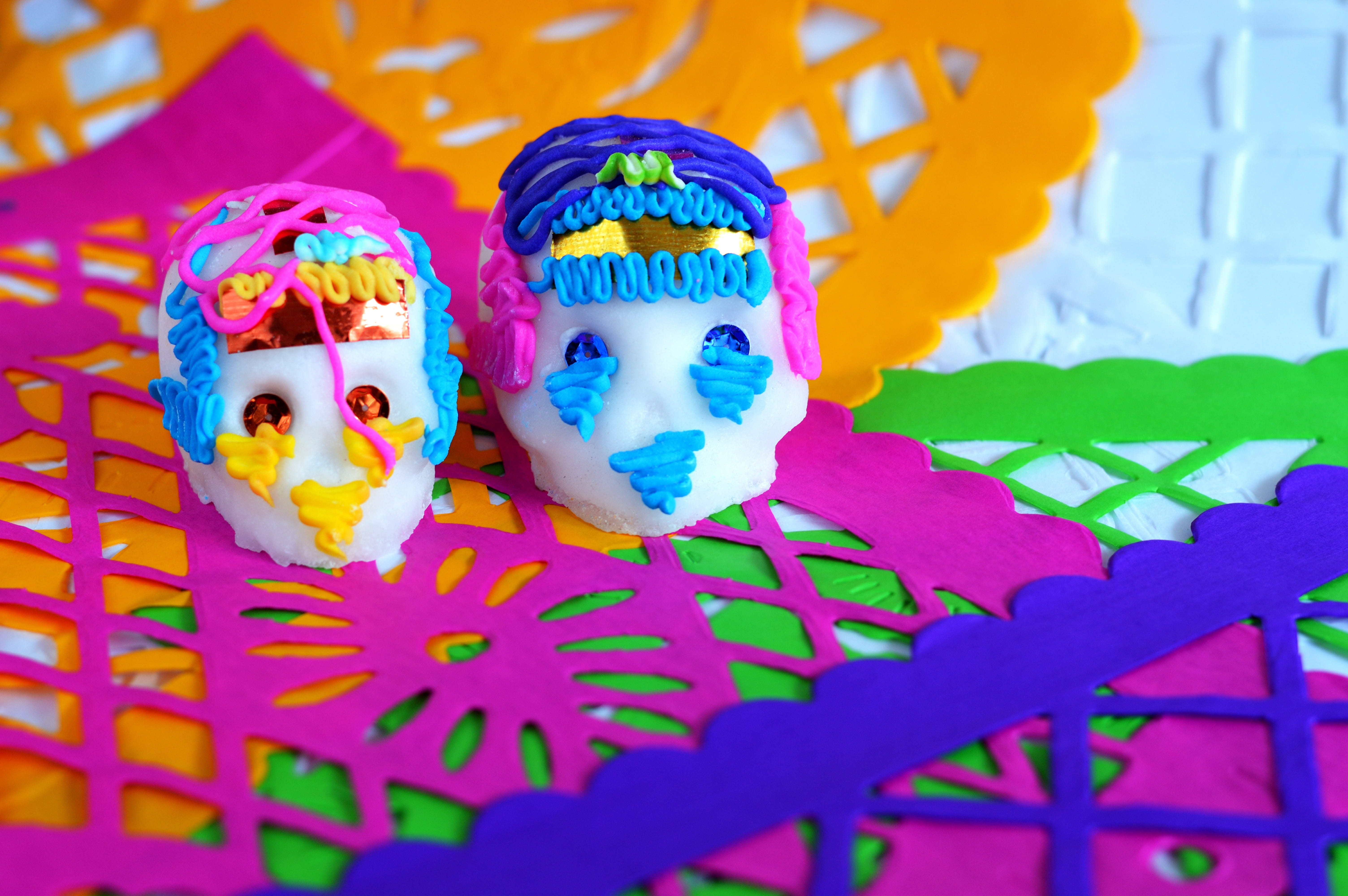 no people, sugar, table, party, ceremony, mexican, mexico, skull, blue, cut, paper, selective focus, culture, toy, background, multi colored, creativity, HD Wallpaper