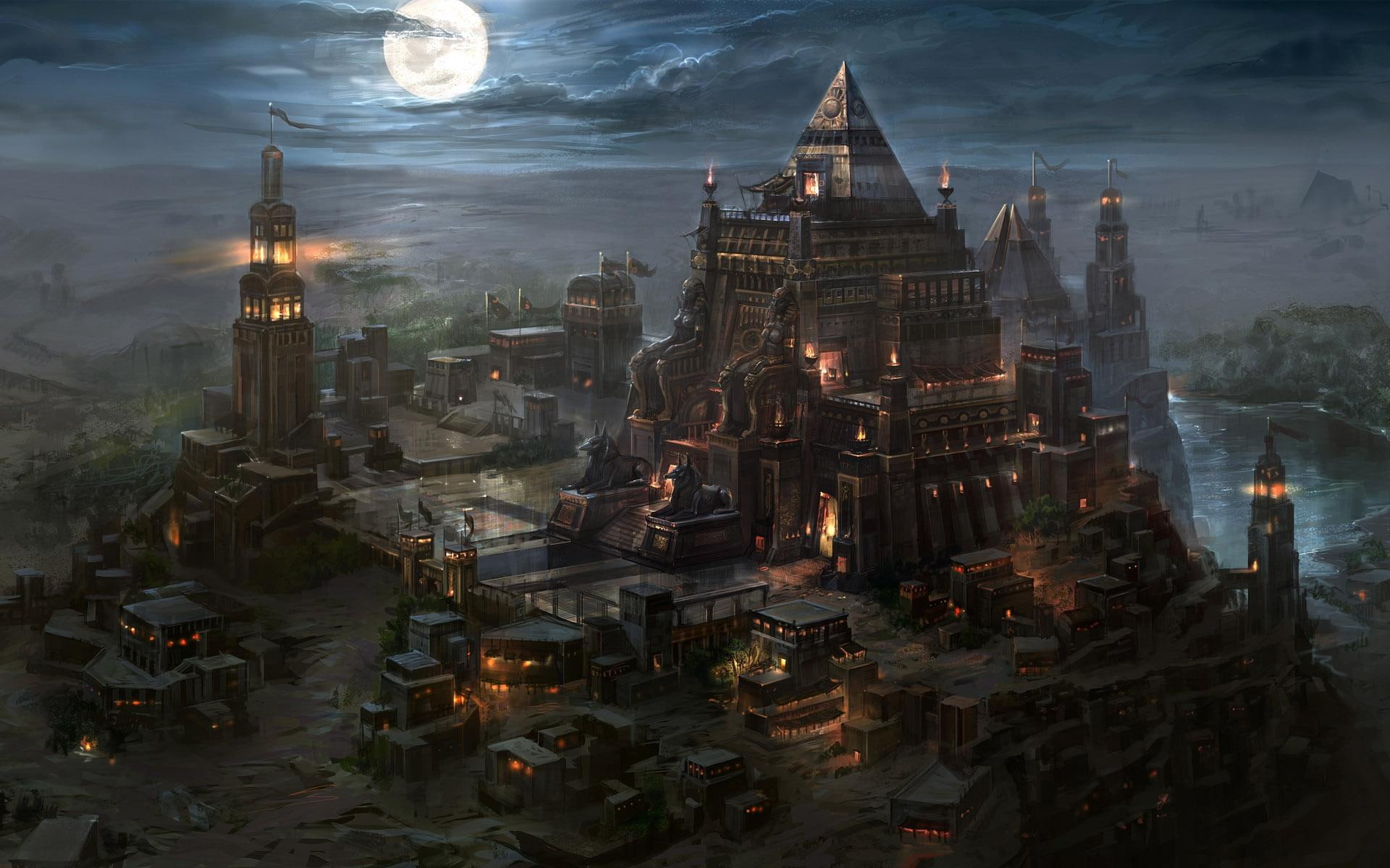 castle, fire, 1080P, moon, temple, buildings, art, cities, iifantasy, kingdom, night, HD Wallpaper