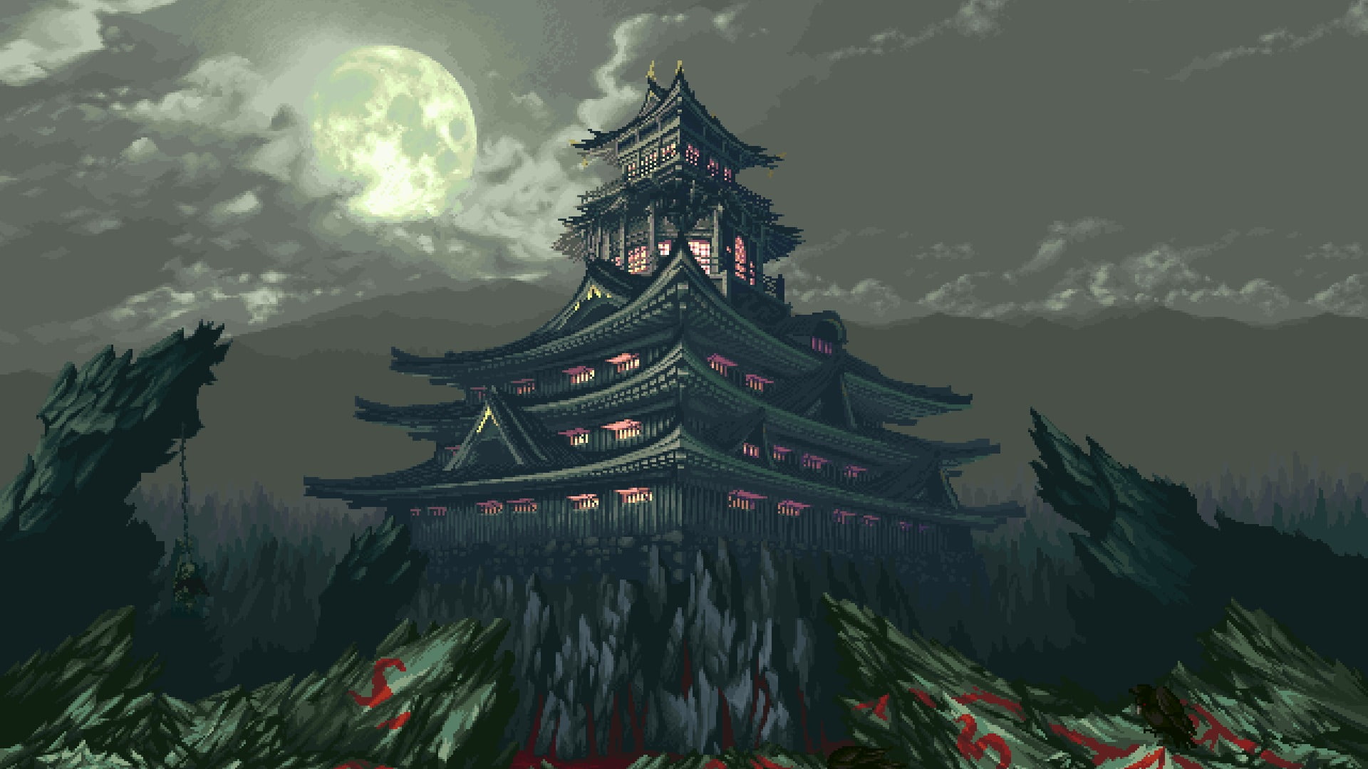 1080P, mountains, light, 8-bit, The moon, rocks, Temple, clouds, HD Wallpaper
