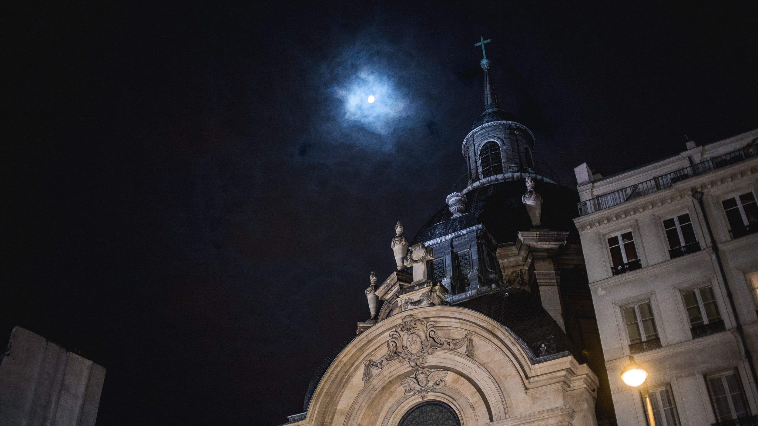 travel destinations, place of worship, belief, low angle view, tower, night, city, building, moon, outdoors, religion, france, the past, government, illuminated, HD Wallpaper