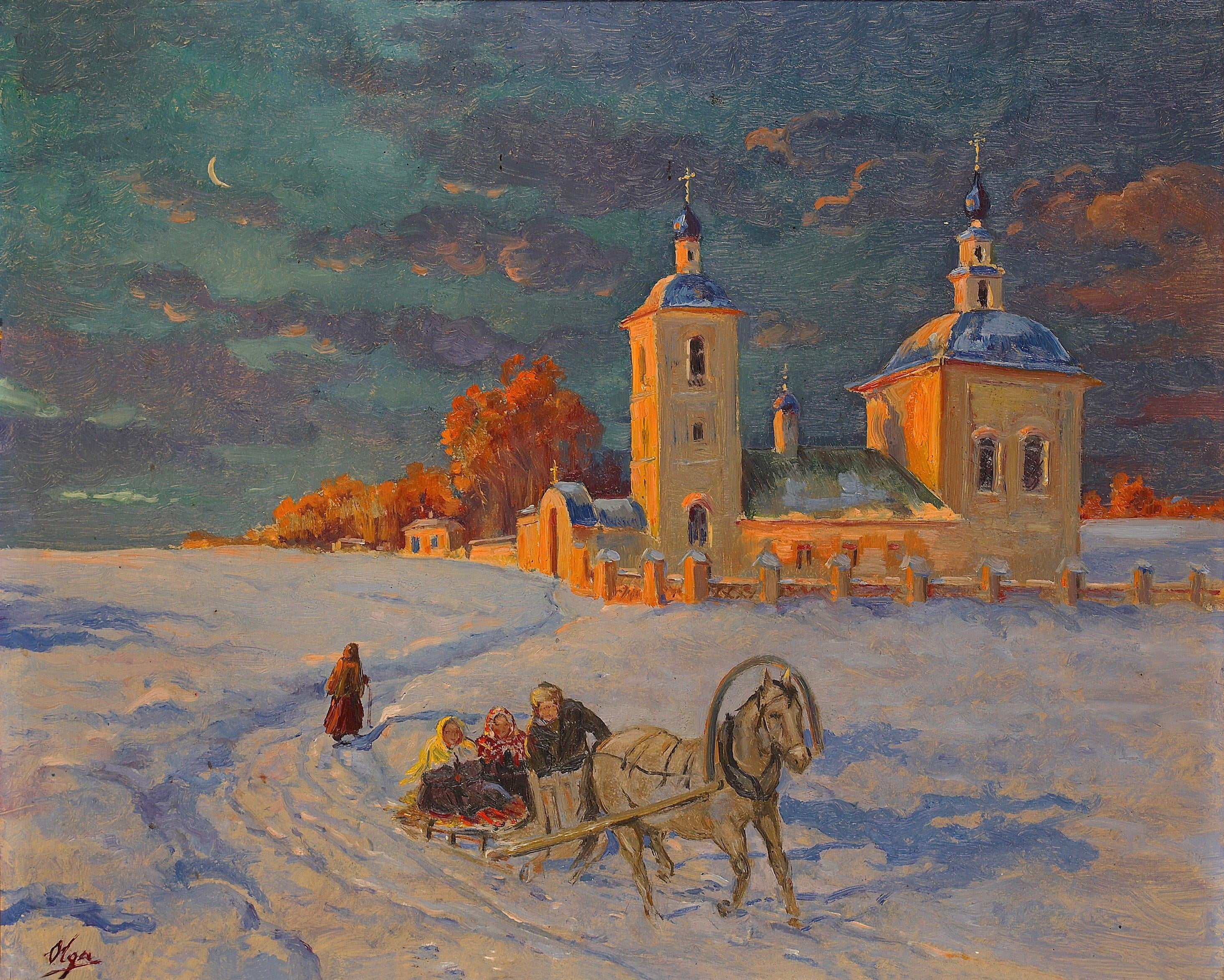 Winter celebrations, horse, the moon, wagon, Church, temple, Olga Kulikovskaya-Romanova, 2K, HD Wallpaper