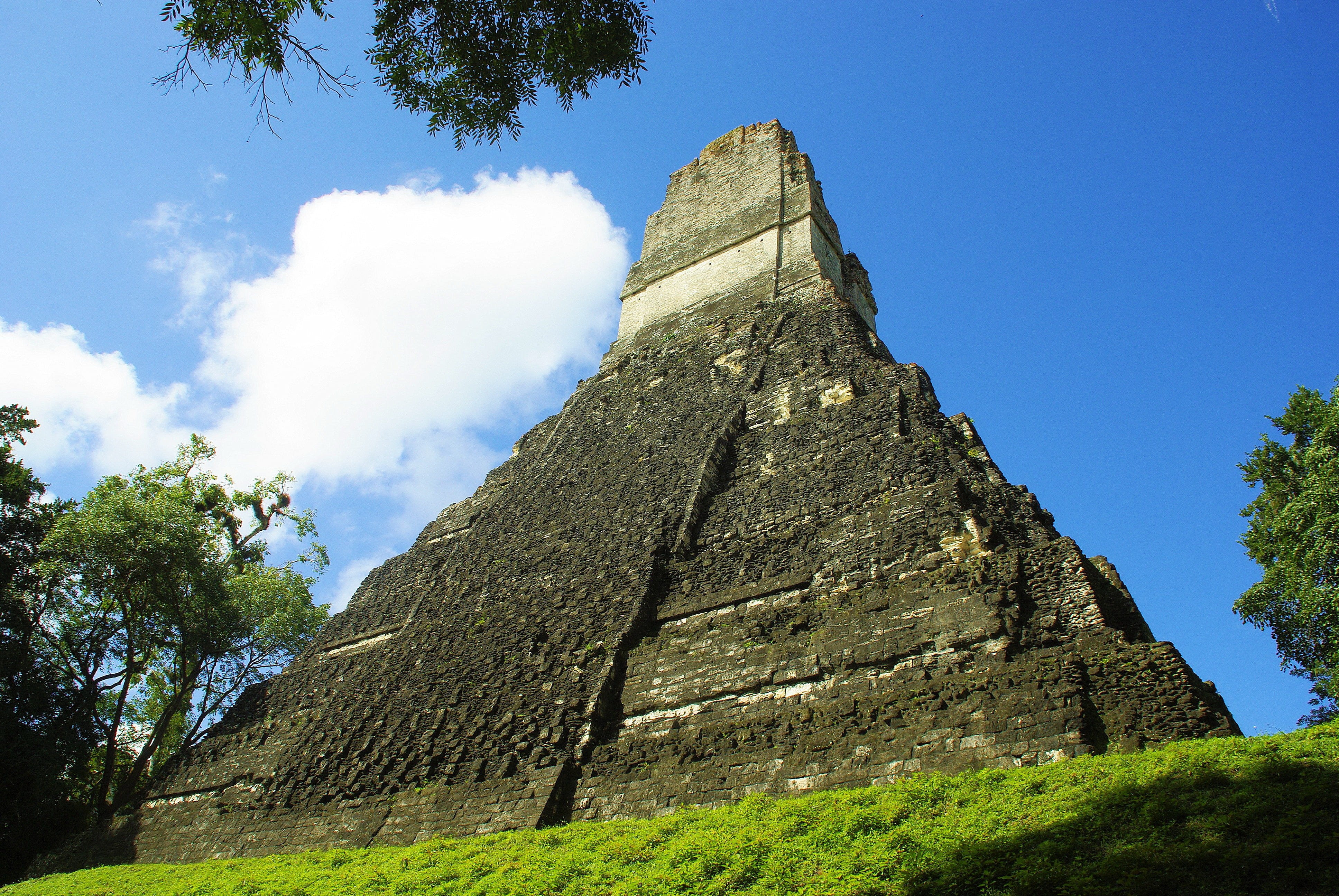 outdoors, sky, non-urban scene, rock - object, cloud - sky, solid, nature, Tikal, Maya, formation, brown, rock, 4K, blue, mountain peak, guatemala, land, HD Wallpaper