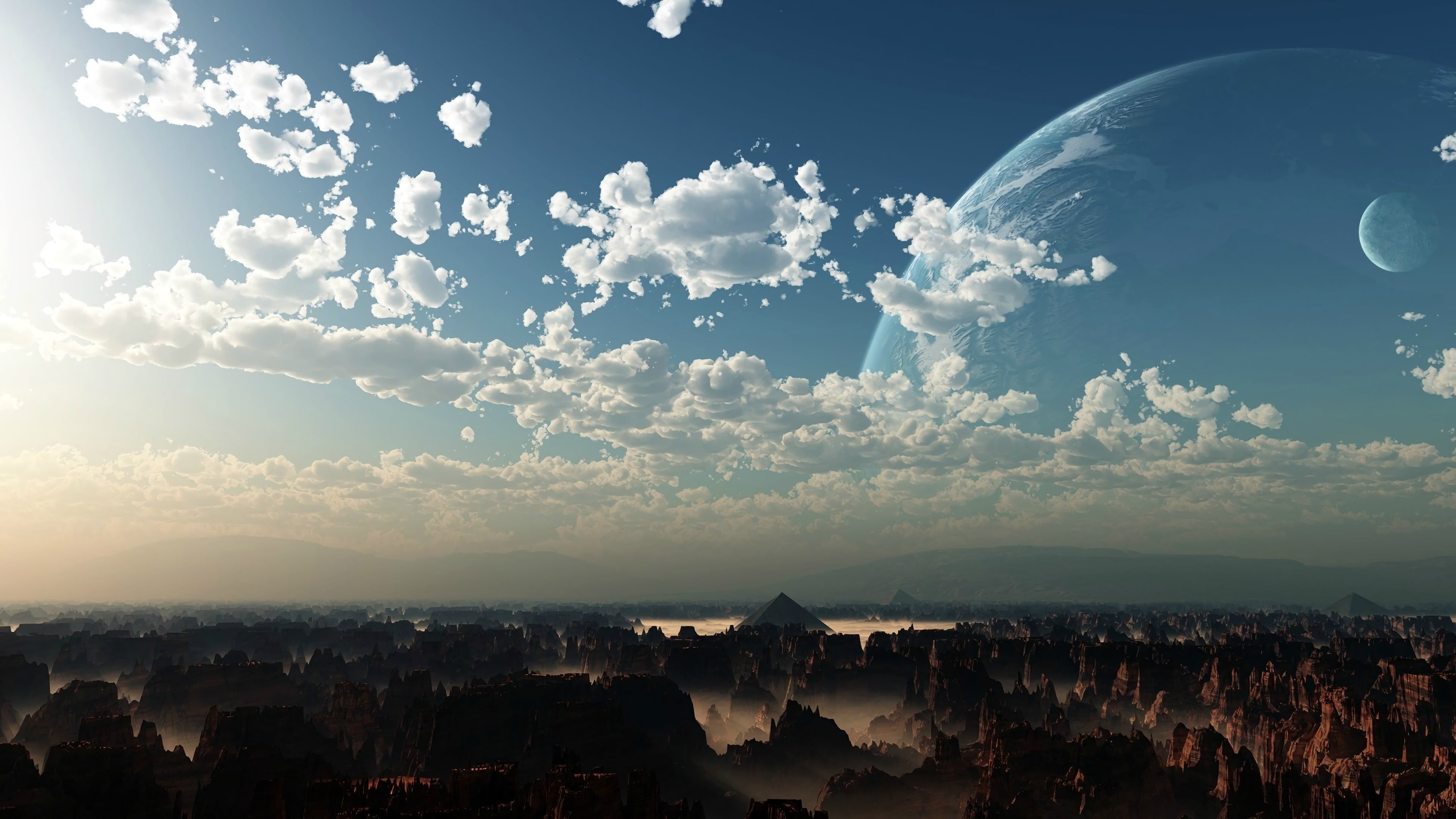 sunlight, cloud - sky, architecture, scenics - nature, tranquility, townscape, building, mountains, tranquil scene, Moon, city, building exterior, landscape, HD Wallpaper