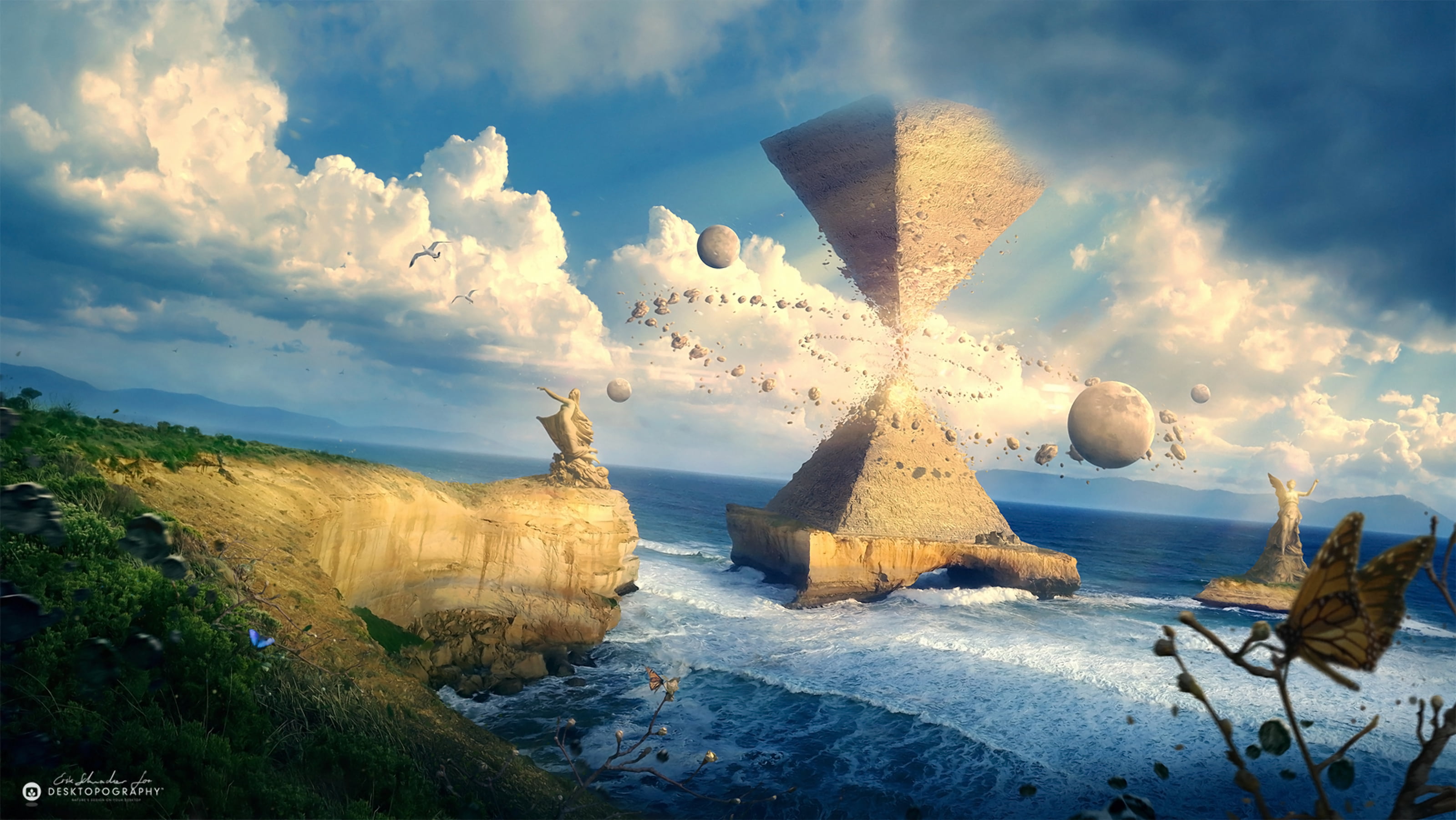 stones, statue, clouds, 2K, pyramid, coast, butterfly, sky, science fiction, satellite, hourglasses, floating, waves, water, upside down, Erik Shoemaker, HD Wallpaper