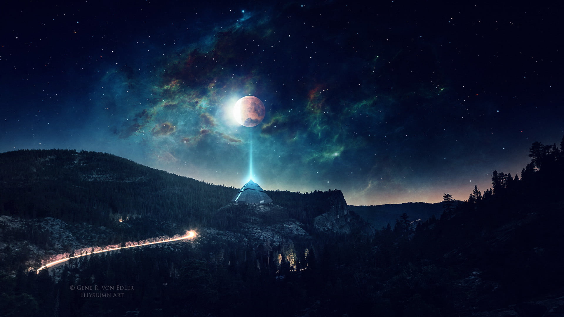 landscape, pyramid, 1080P, nebula, night, digital, Moon, space, stars, artwork, HD Wallpaper