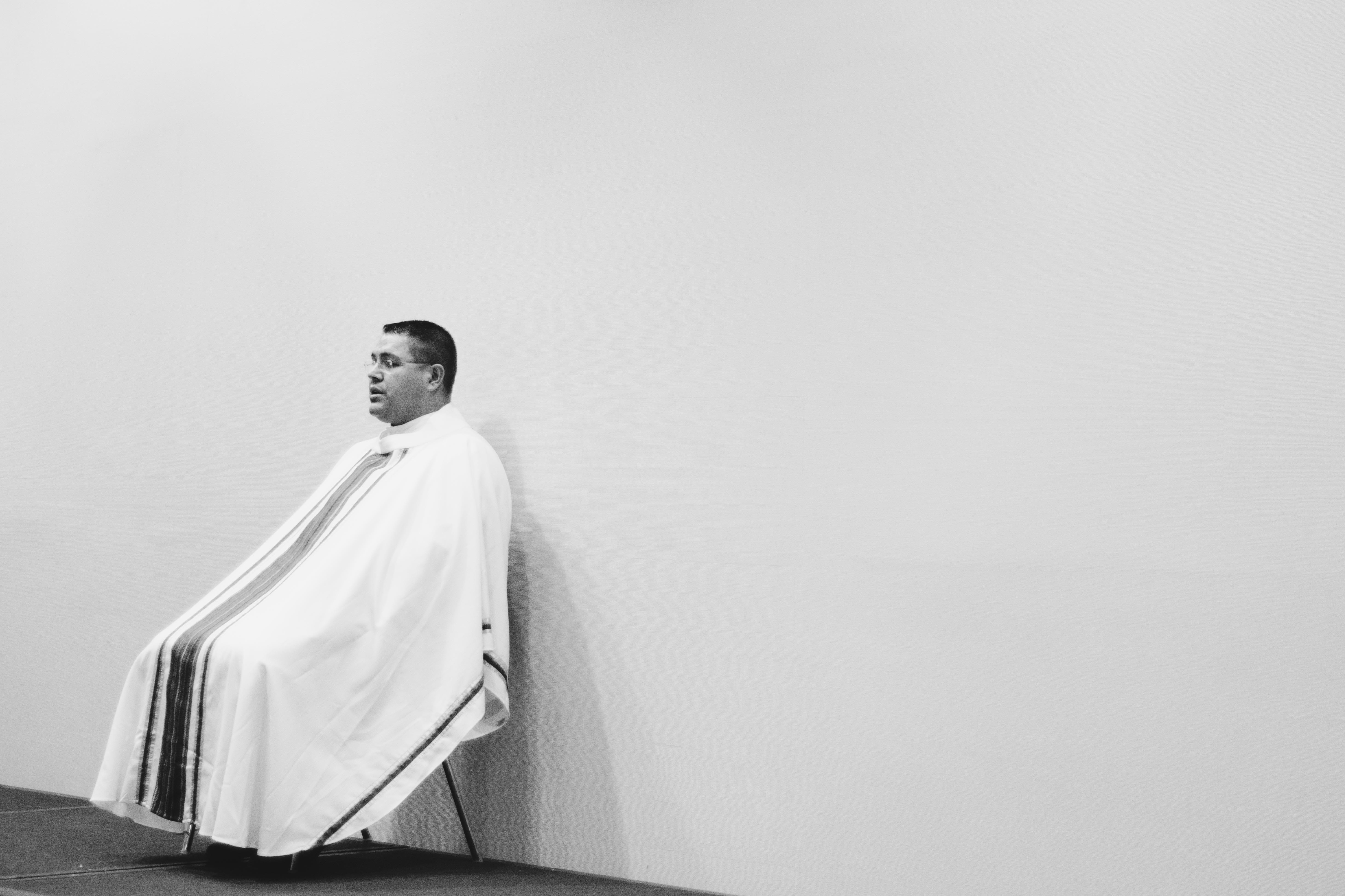 one person, religion, wall - building feature, 5K, christian, standing, low angle view, white color, church, father, young adult, minimal, copy space, HD Wallpaper