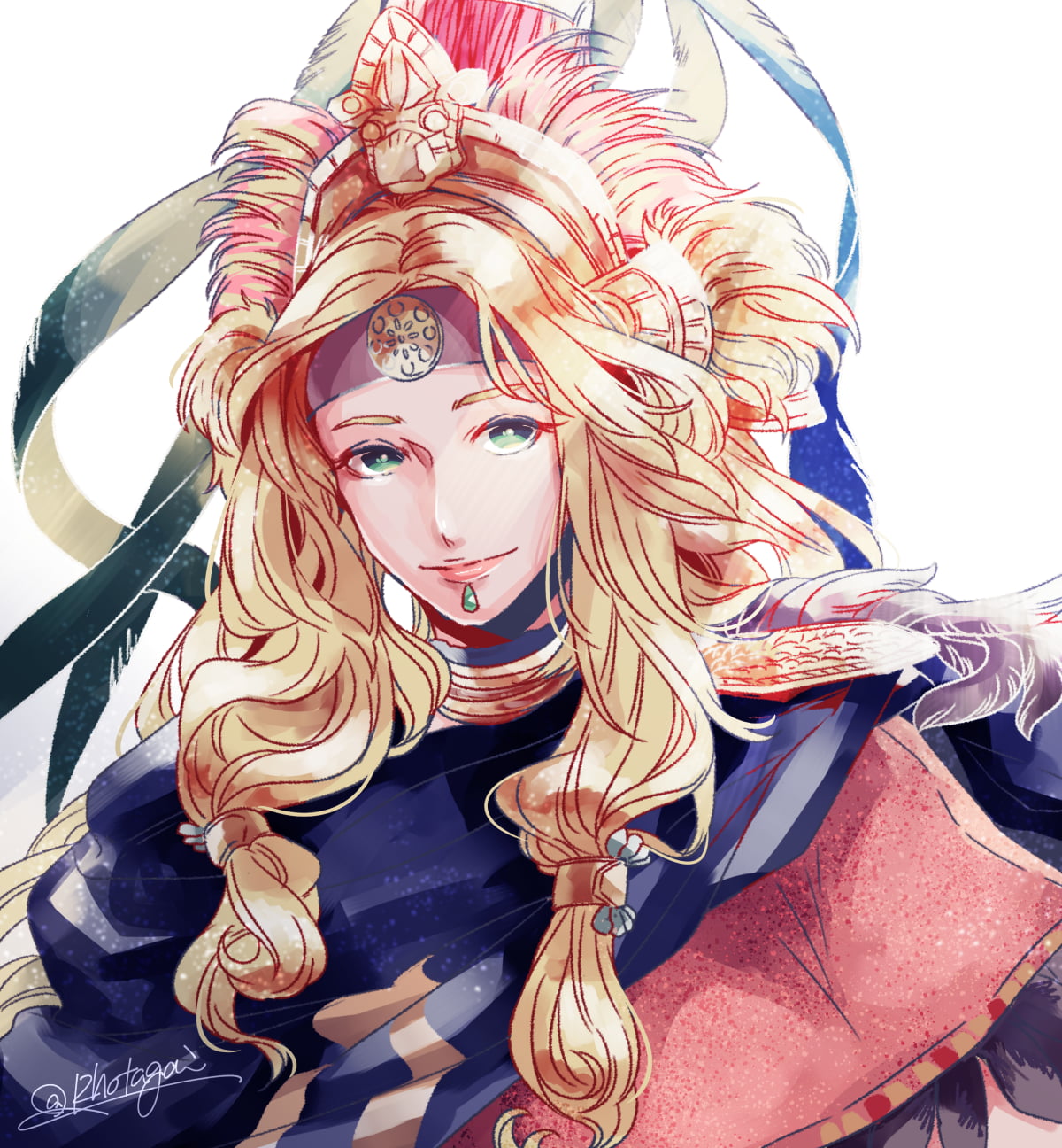 fan art, pigtails, blond hair, anime, Aztec, FGO, Fate/Grand Order, anime girls, Quetzalcoatl (FGO), smiling, long hair, green eyes, Fate Series, looking at viewer, Phone HD Wallpaper