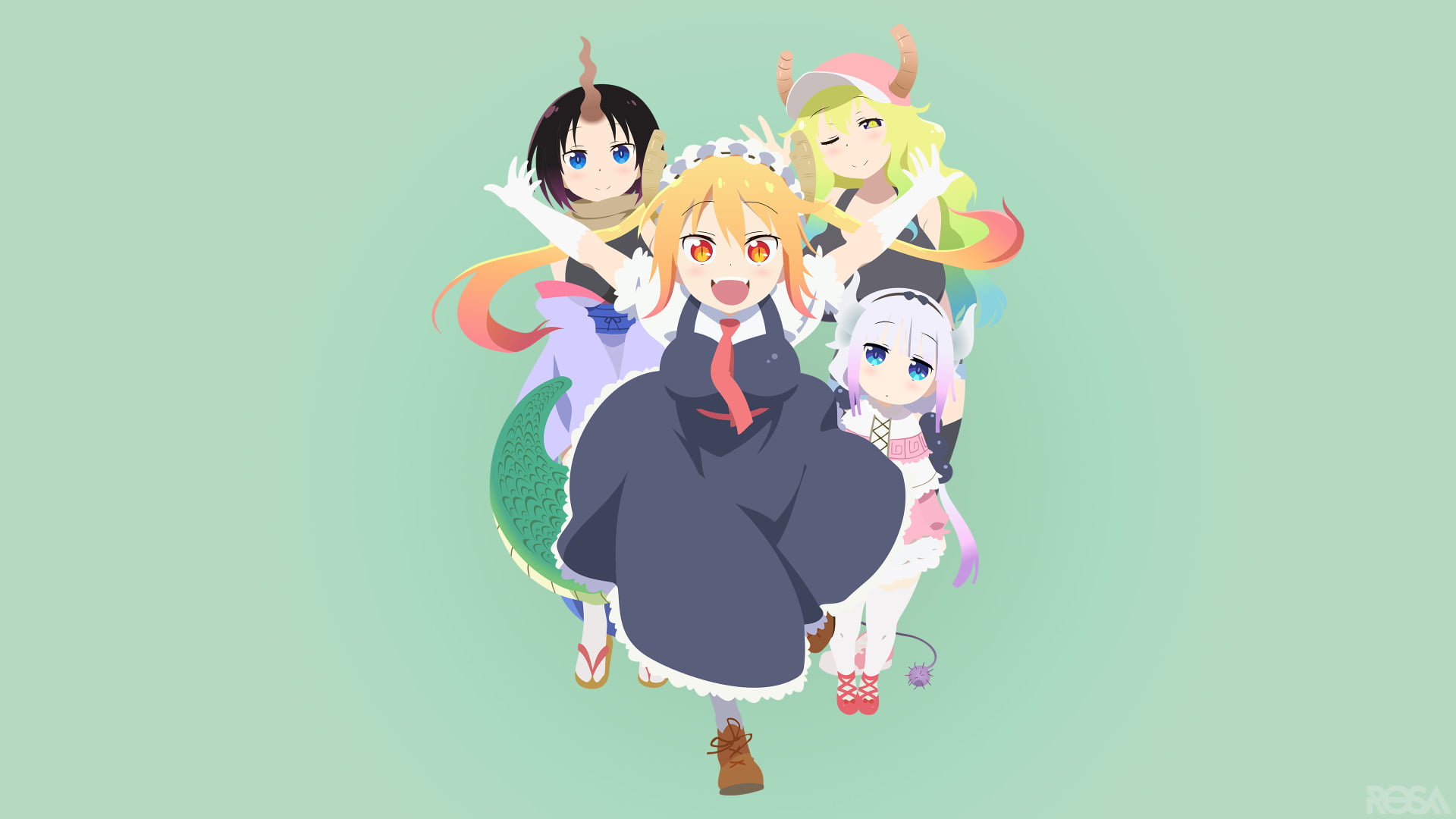 animal wildlife, indoors, full length, emotion, two people, Kanna Kamui, smiling, front view, Tohru (Miss Kobayashis Dragon Maid), colored background, arms raised, HD Wallpaper