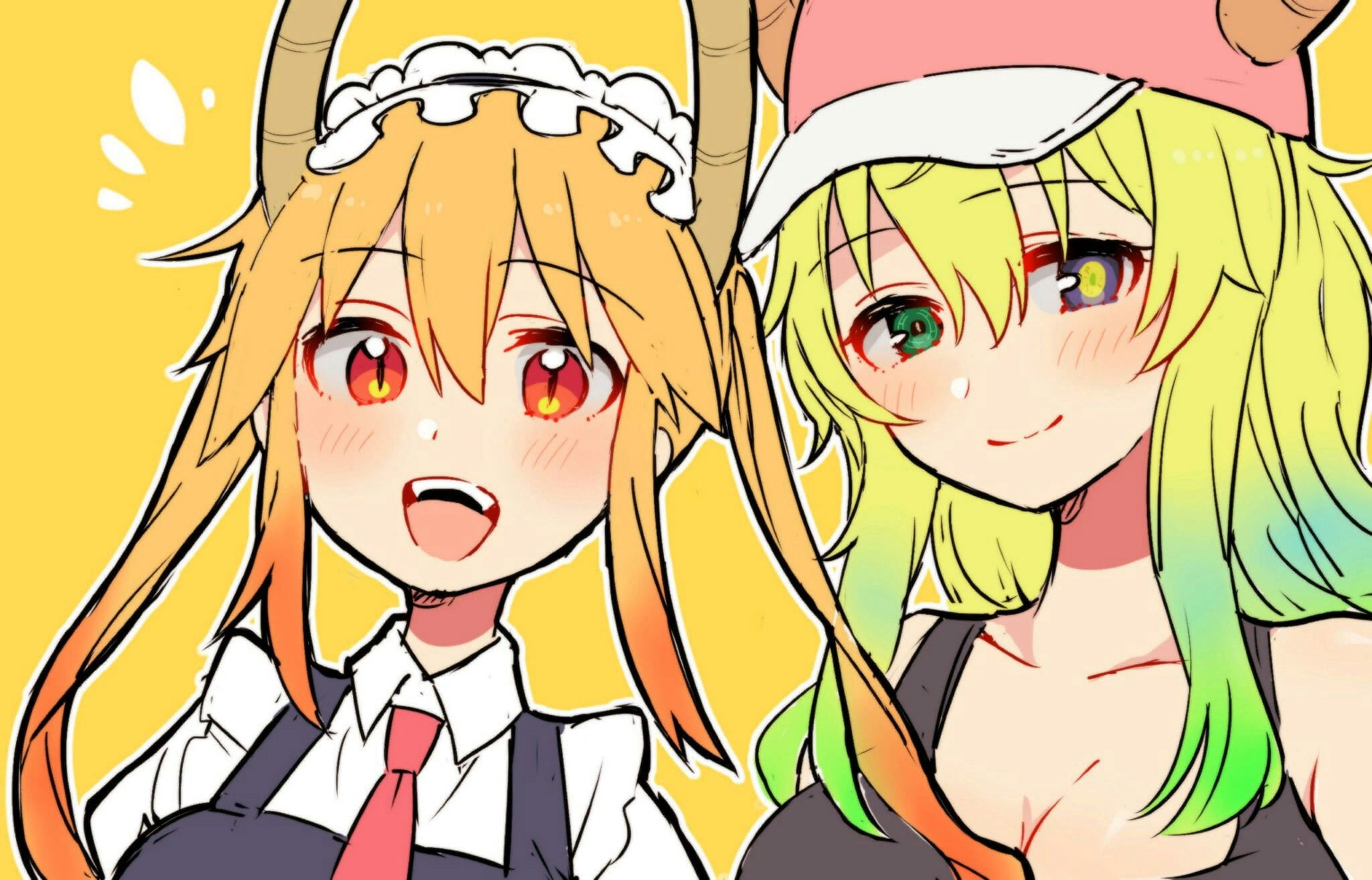 maiden, anime girls, maid, blond hair, Quetzalcoatl (Kobayashi-san Chi no Maid Dragon), orange eyes, twintails, dragon girl, 1080P, Tohru (Kobayashi-san Chi no Maid Dragon), HD Wallpaper