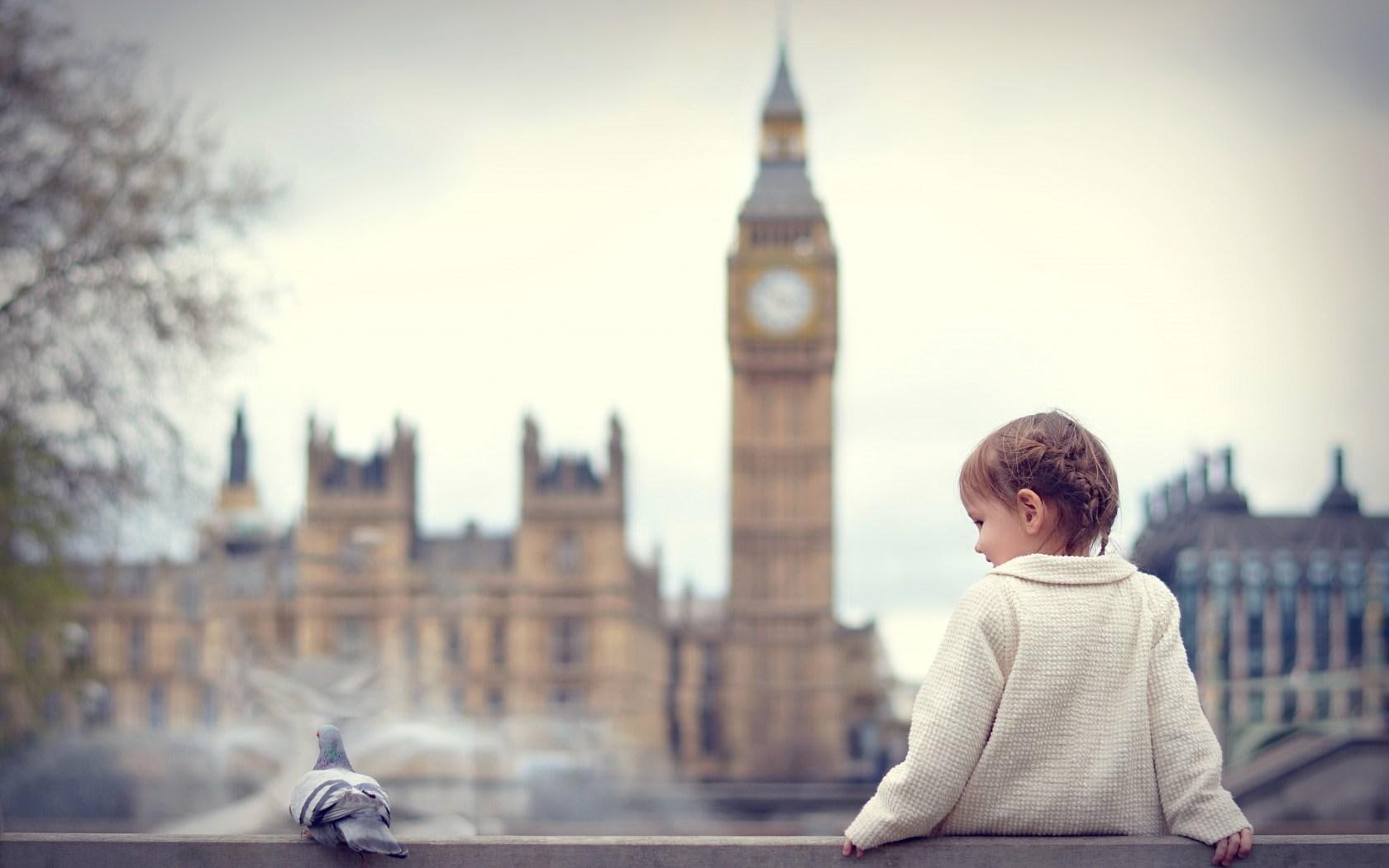 bird, 720P, girl, child, city, pigeon, HD Wallpaper
