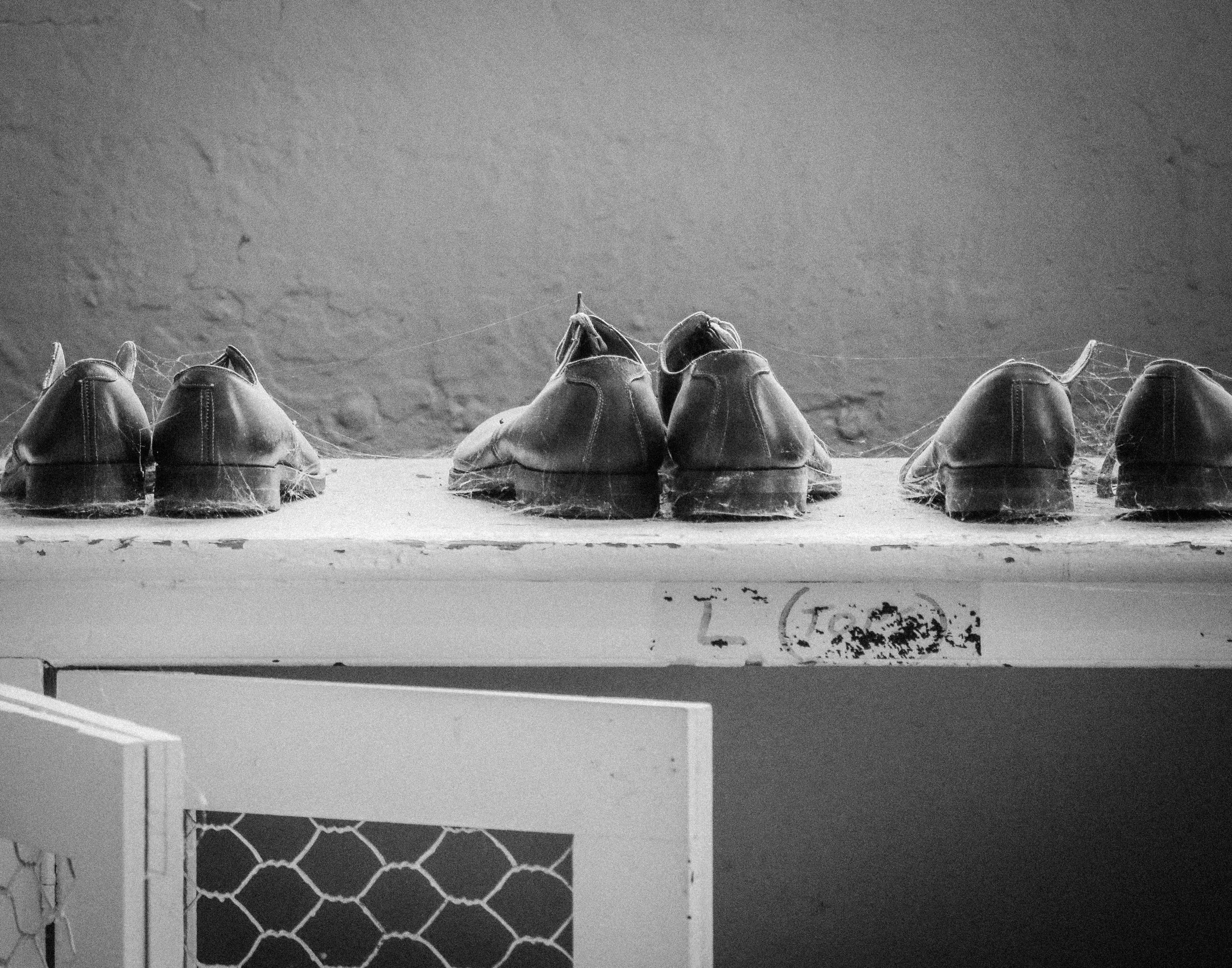 shoes, built structure, old, door, grey, cupboard, wedding, still life, outdoors, cobweb, cone, no people, architecture, side by side, footwear, day, pairs, HD Wallpaper