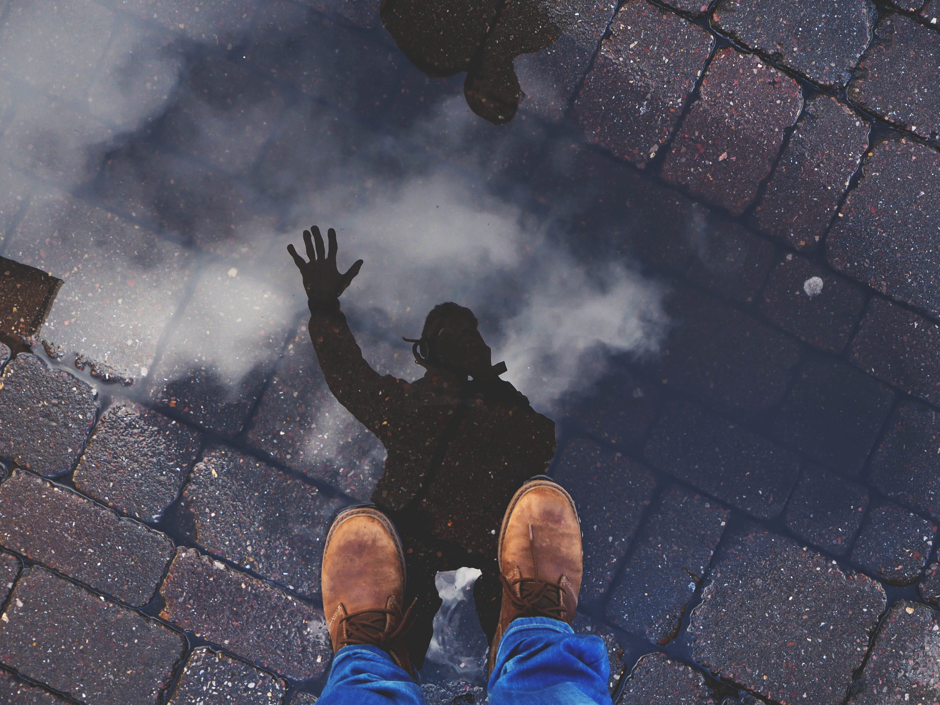 rain, men, uk, hand, reflection, shoe, camera, personal perspective, low section, standing, boot, floor, puddle, real people, day, street, portrait, paving stone, HD Wallpaper