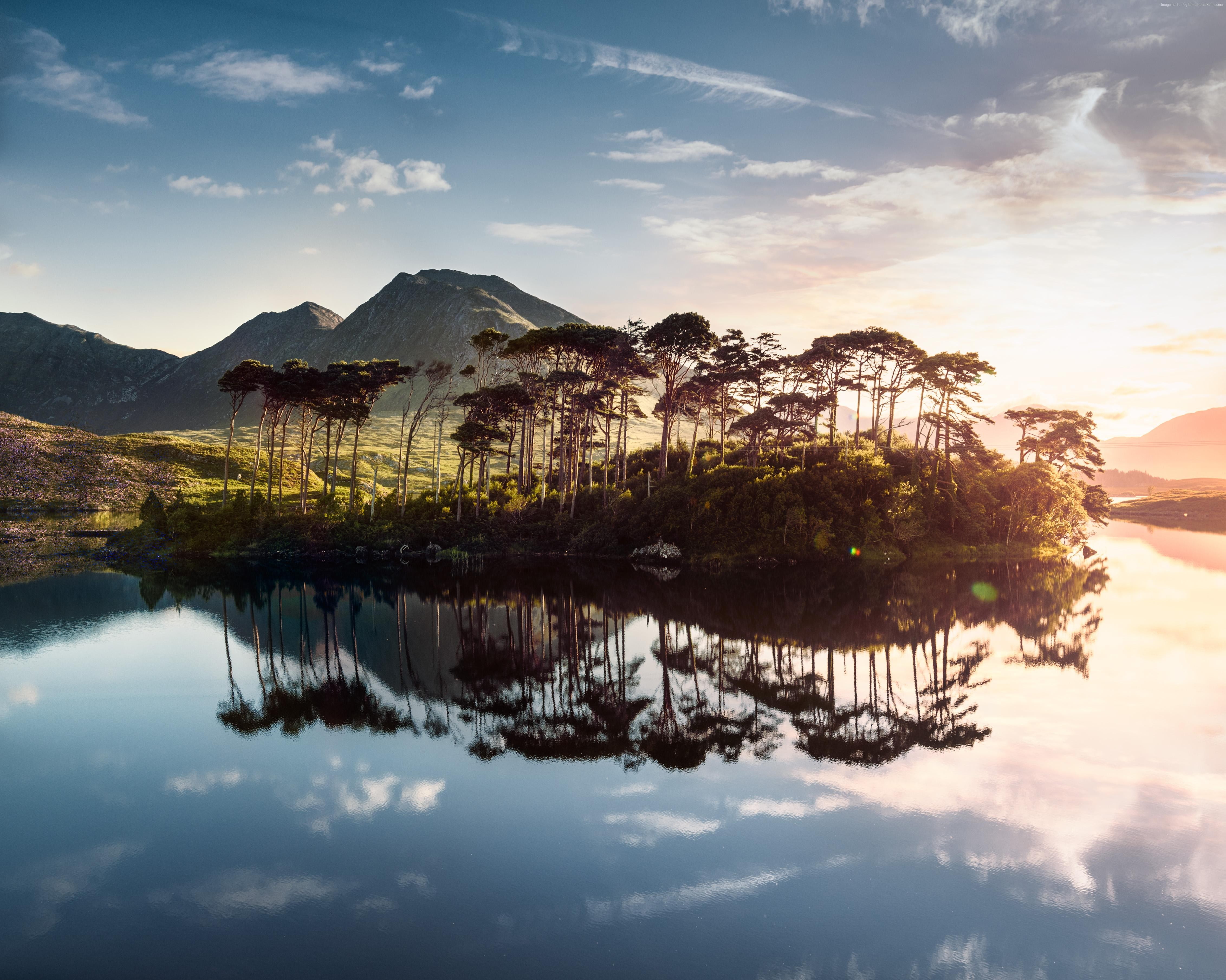 4K, tree, mountains, Ireland, sunrise, 4k, lake, HD Wallpaper