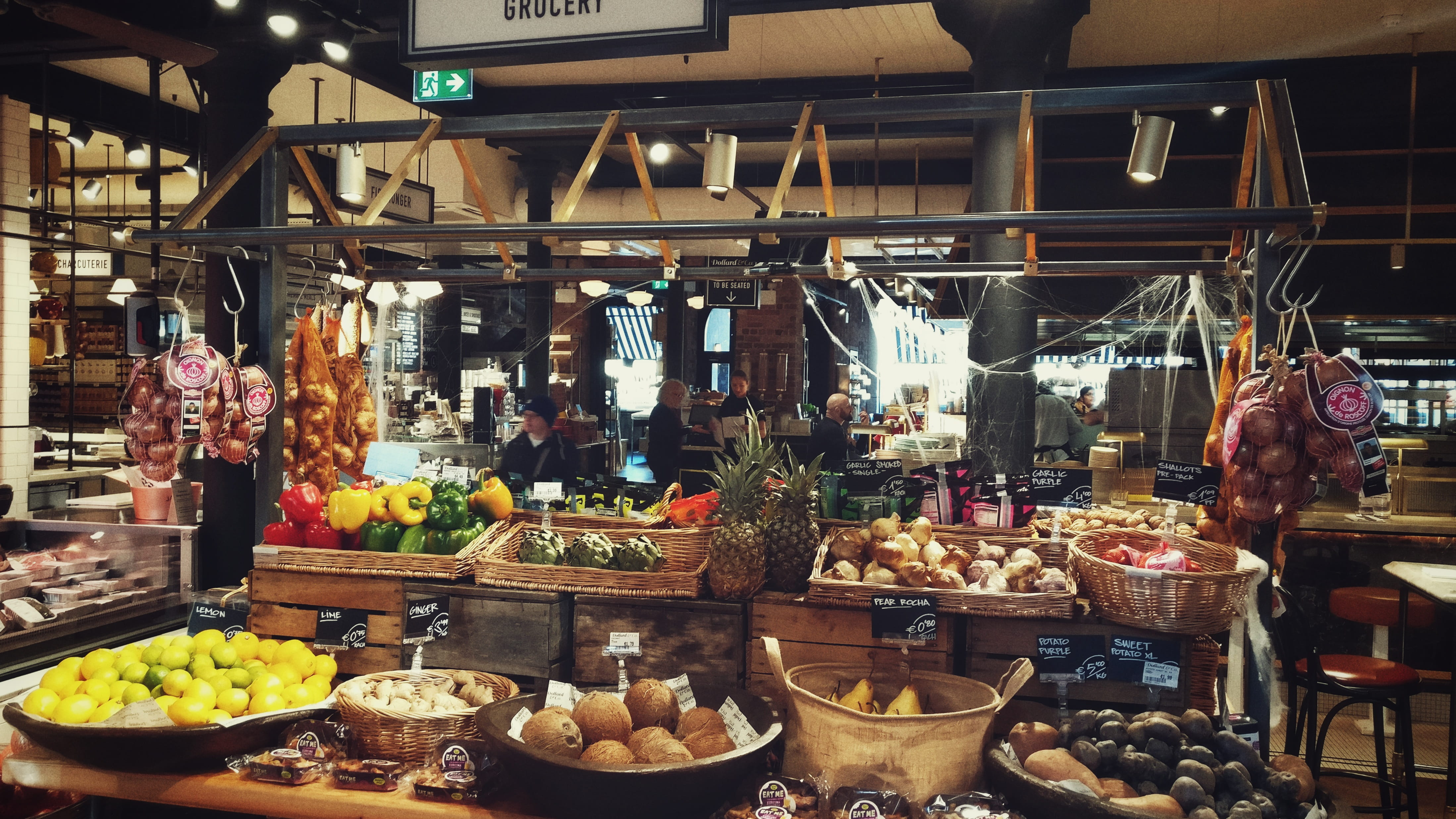 abundance, variety, healthy eating, choice, no people, 4K, ireland, freshness, market stall, food, dublin, large group of objects, hanging, lighting equipment, HD Wallpaper