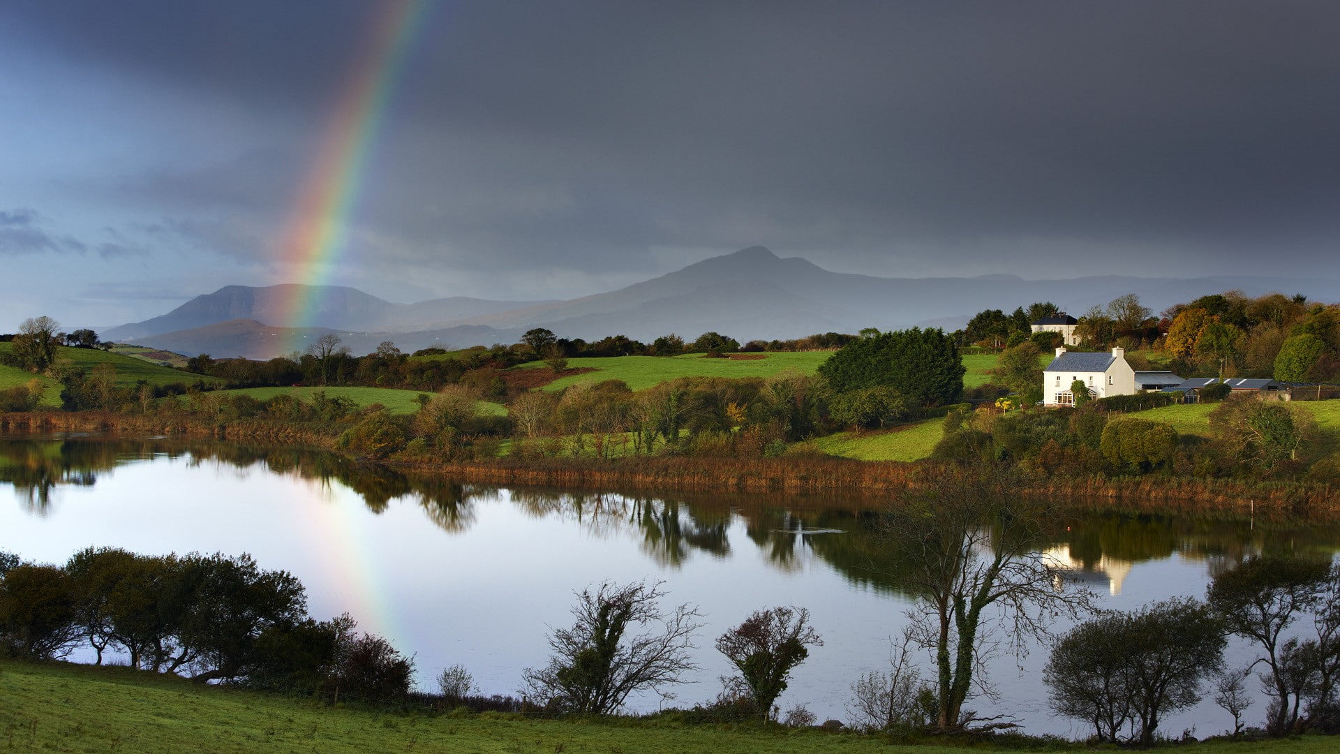 rainbow, river, 1080P, hills, ireland, houses, landscape, HD Wallpaper