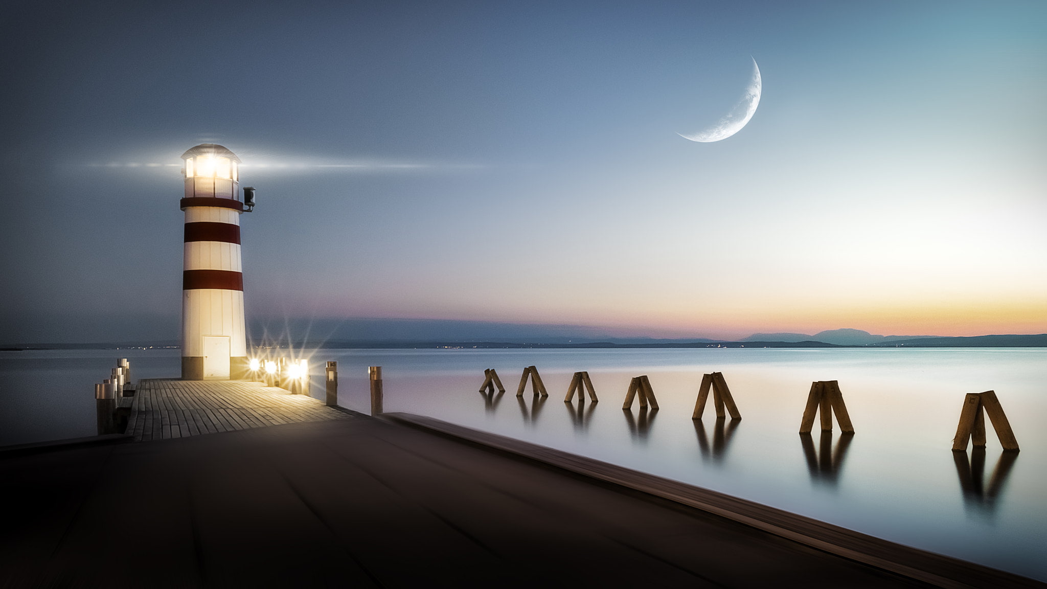 crescent, water, direction, guidance, no people, Emánuel Kántor, built structure, moonlight, tower, lighthouse, illuminated, full moon, sky, scenics - nature, HD Wallpaper