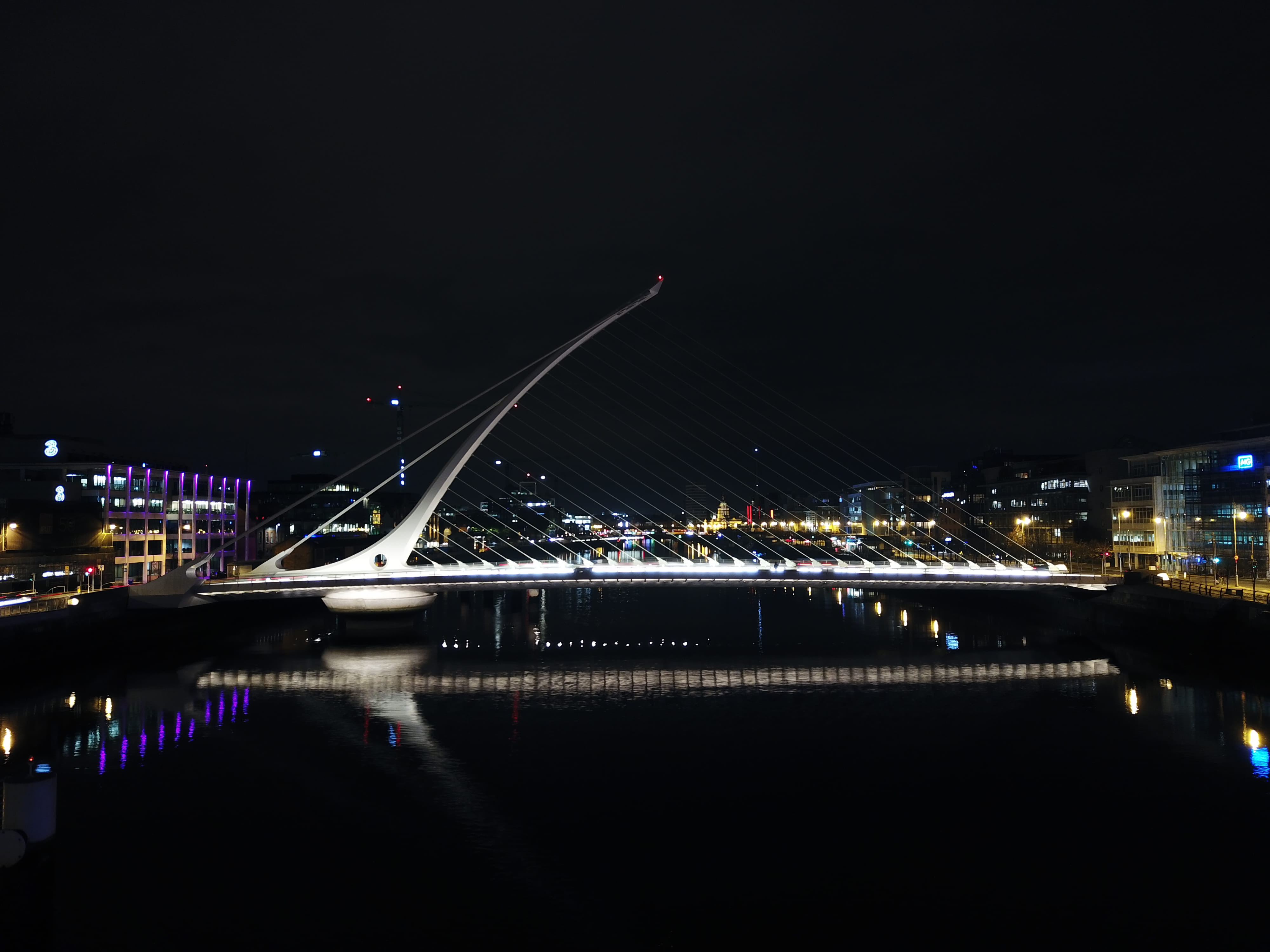 modern, mavic pro, liffey, skyscraper, music, samuel beckett bridge, bridge - man made structure, light, purple, 4K, cityscape, transportation, illuminated, HD Wallpaper