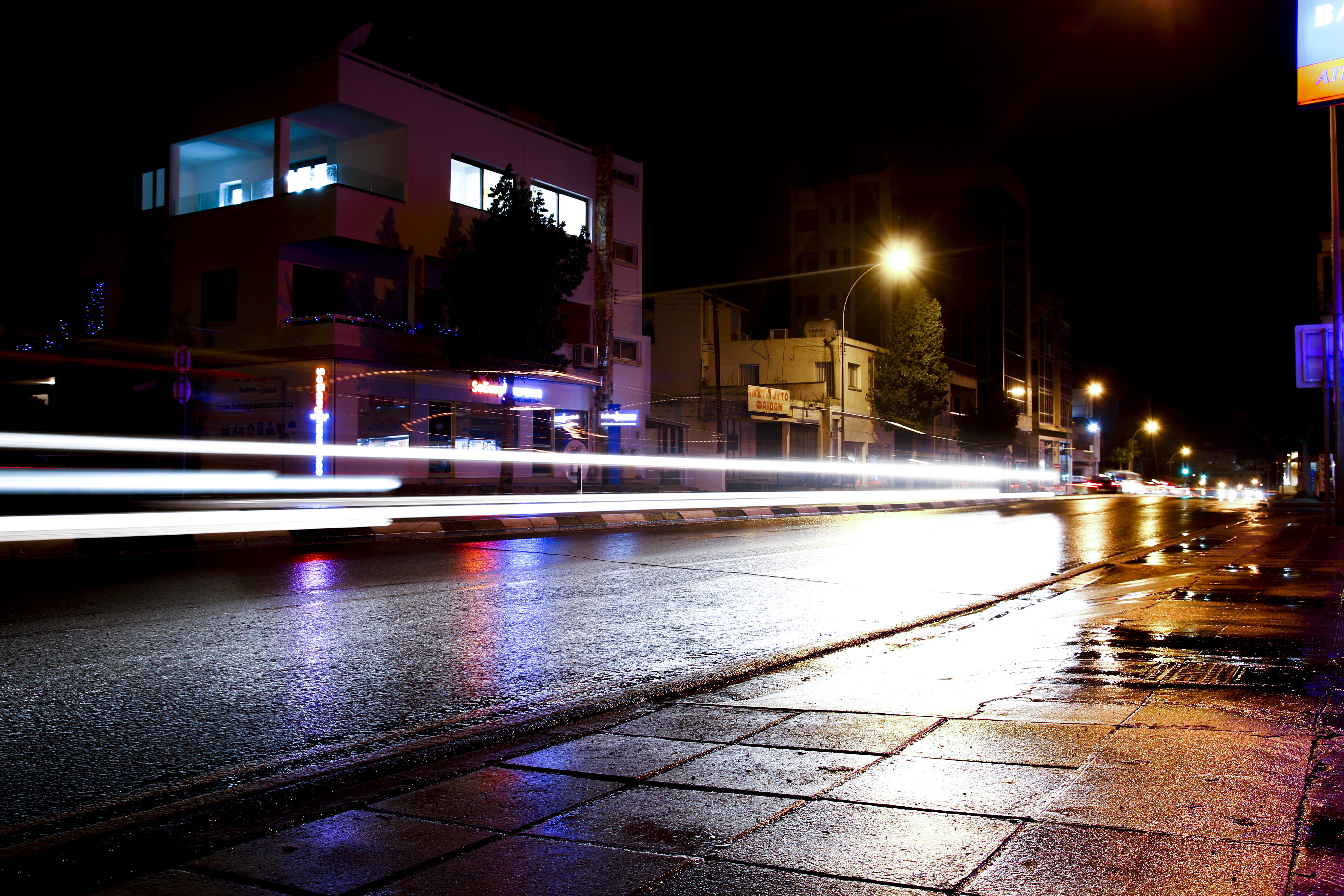 path, road, building exterior, flare, no people, transportation, urban, city, nicosia, architecture, cyprus, metropolis, blurred motion, night, timelapse, HD Wallpaper
