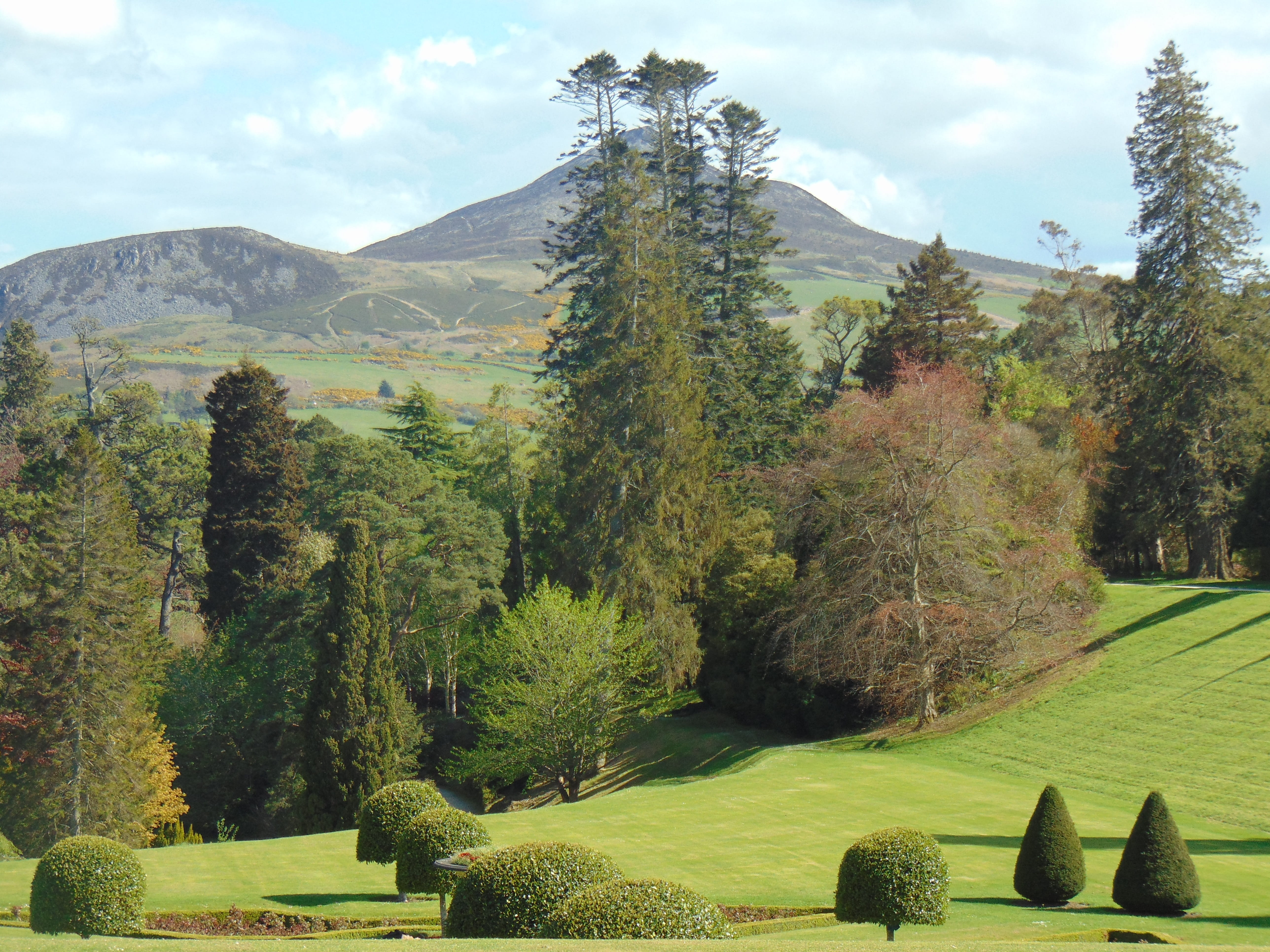 powerscourt, nature, non-urban scene, 5K, sky, tree, gardens, green color, rolling landscape, tranquility, outdoors, cloud - sky, tranquil scene, eire, HD Wallpaper