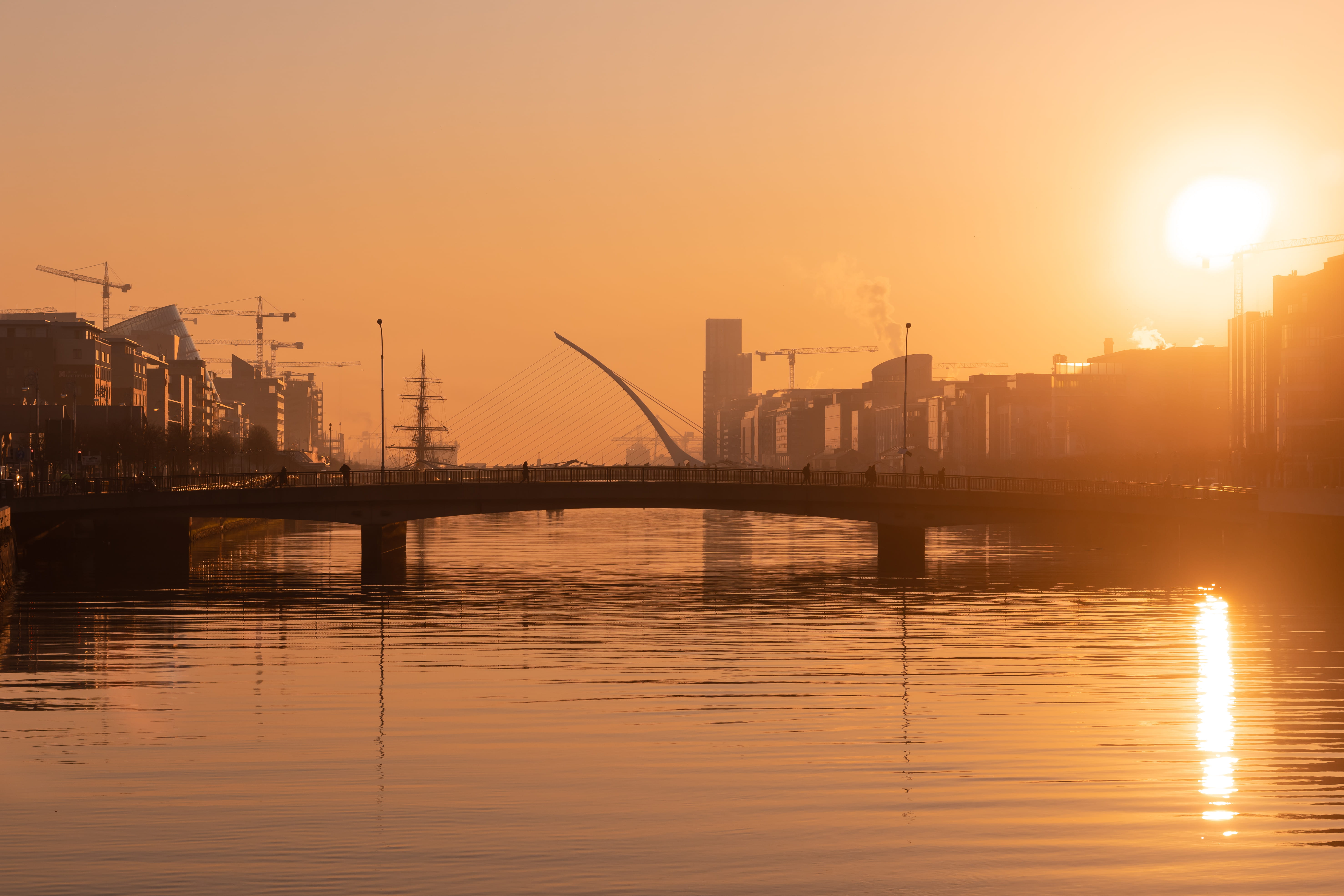 pier, sun, nature, outdoors, waterfront, no people, port, reflection, architecture, sunset, orange color, machinery, building exterior, 5K, river liffey, HD Wallpaper