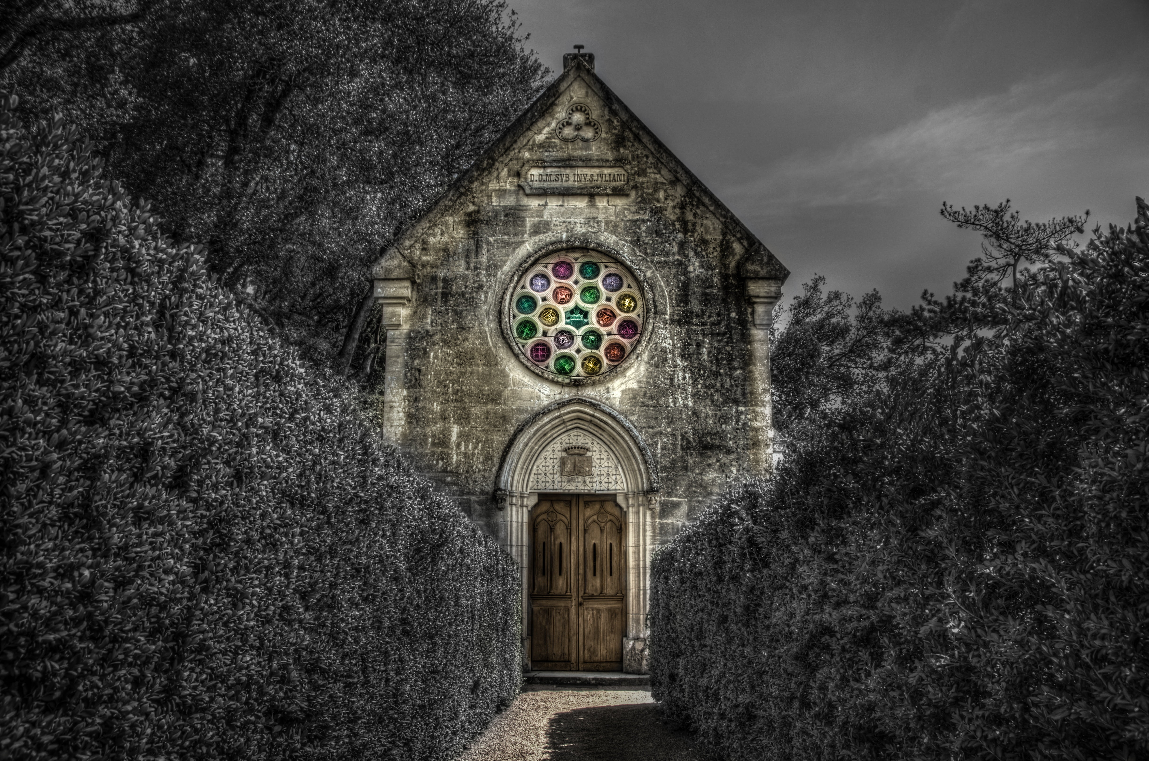 travel destinations, dordogne, grayscale, photoshop, outdoors, dark, perigord, photo, the past, spiritual, building exterior, plant, no people, brick, nature, HD Wallpaper