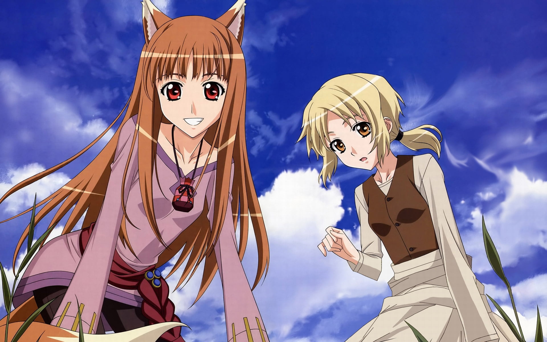 tai, waist up, street, blonde, looking at camera, characters, arts culture and entertainment, illustration, outdoors, people, backgrounds, spice wolf, two people, HD Wallpaper