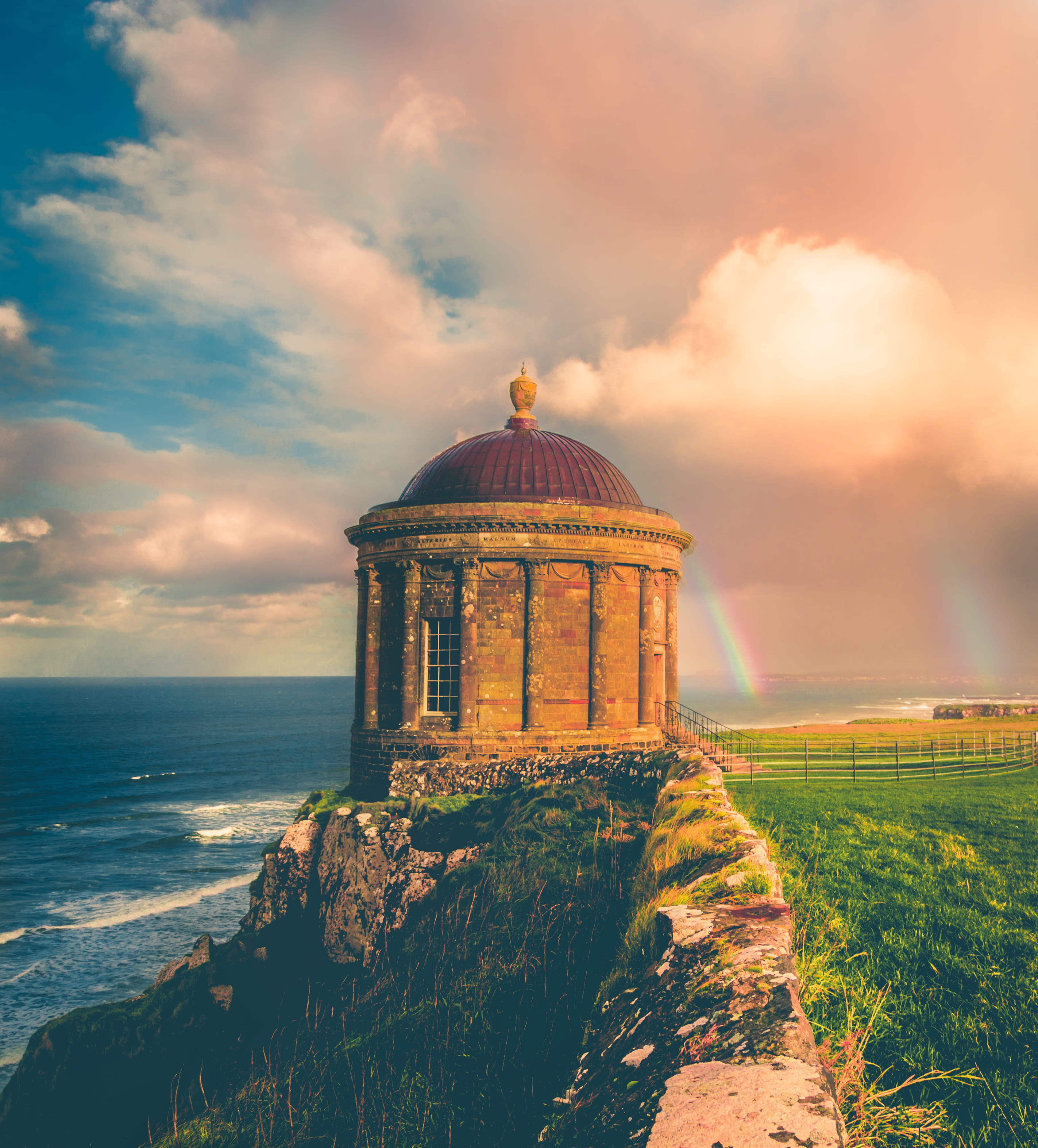 sky, ireland, dome, religion, grass, water, horizon over water, nature, sunset, ocean, horizon, building exterior, built structure, united kingdom, mussenden temple, Phone HD Wallpaper