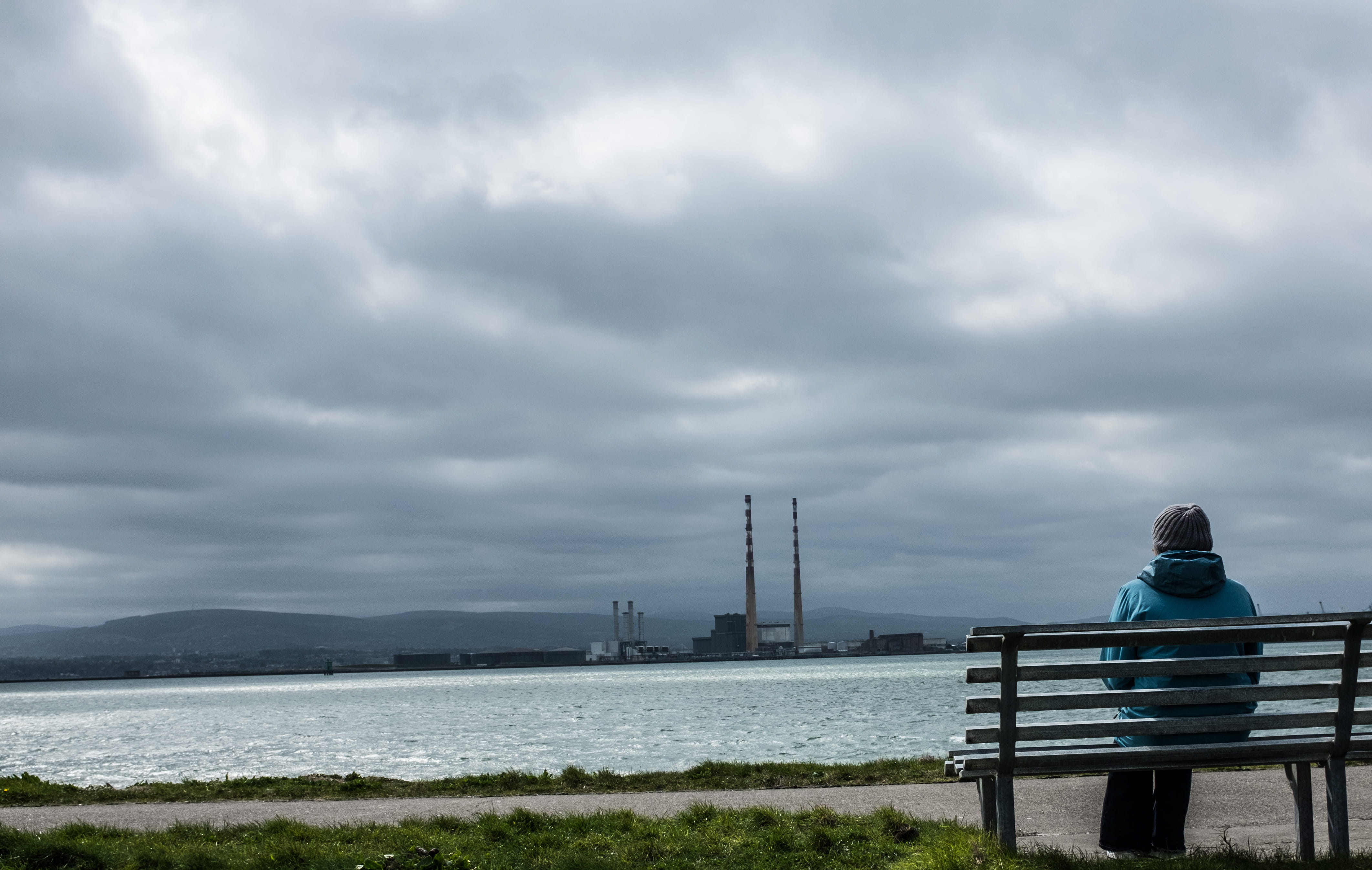 rain, cloud - sky, bench, adult, real people, nature, rear view, thoughts, cloudy sky, built structure, park bench, ireland, irish sea, seat, sea, clouds, HD Wallpaper