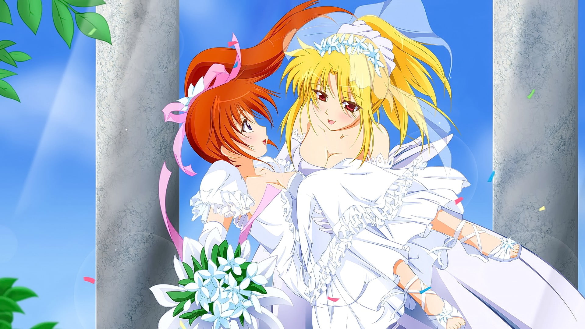 Fate Testarossa, Takamachi Nanoha, looking away, long hair, close-up, 1080P, open mouth, sunlight, creativity, architecture, female likeness, dress, anime girls, HD Wallpaper